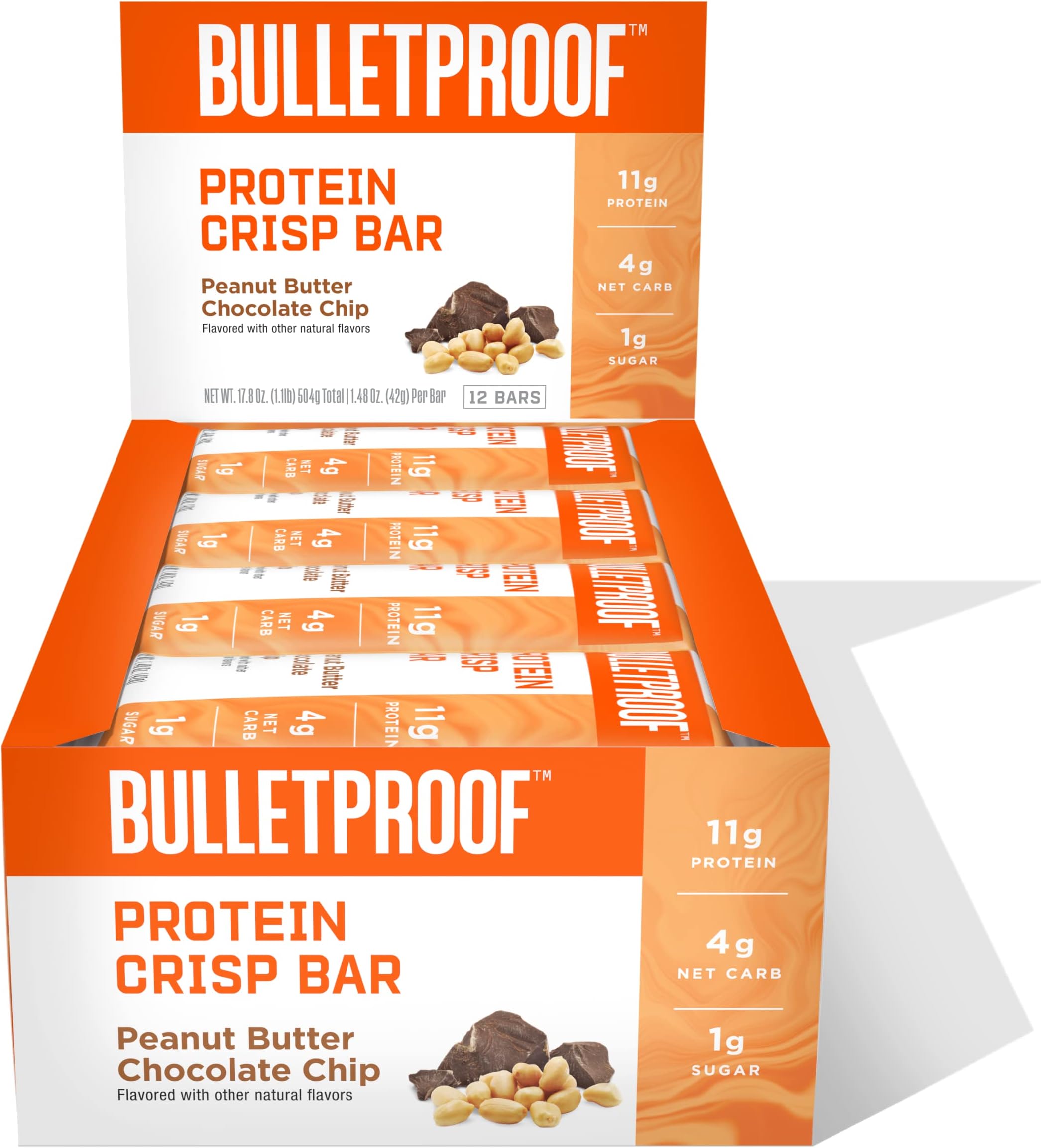 Bulletproof Protein Crisp Bars, Peanut Butter Chocolate Chip, 12 Pack, High Protein, Low Sugar