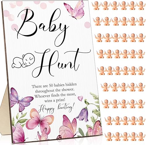 Miniatura 8 de 51 juegos de baby shower incluyen letrero de madera para la caza del bebé, 50 mini bebés de plástico, para bebés, niños y niñas, juegos de baby