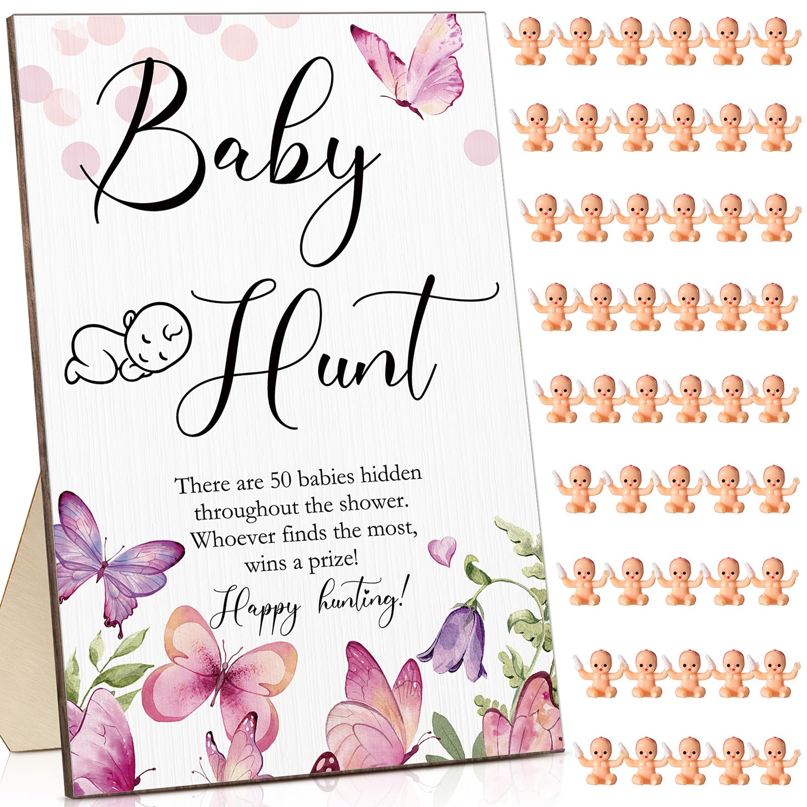 Roowest 51 Pieces Baby Shower Games Include Wooden Hunt Sign 50 Mini Plastic Baby Shower Games Gender Reveal Party Favors Prizes for Game(Butterfly