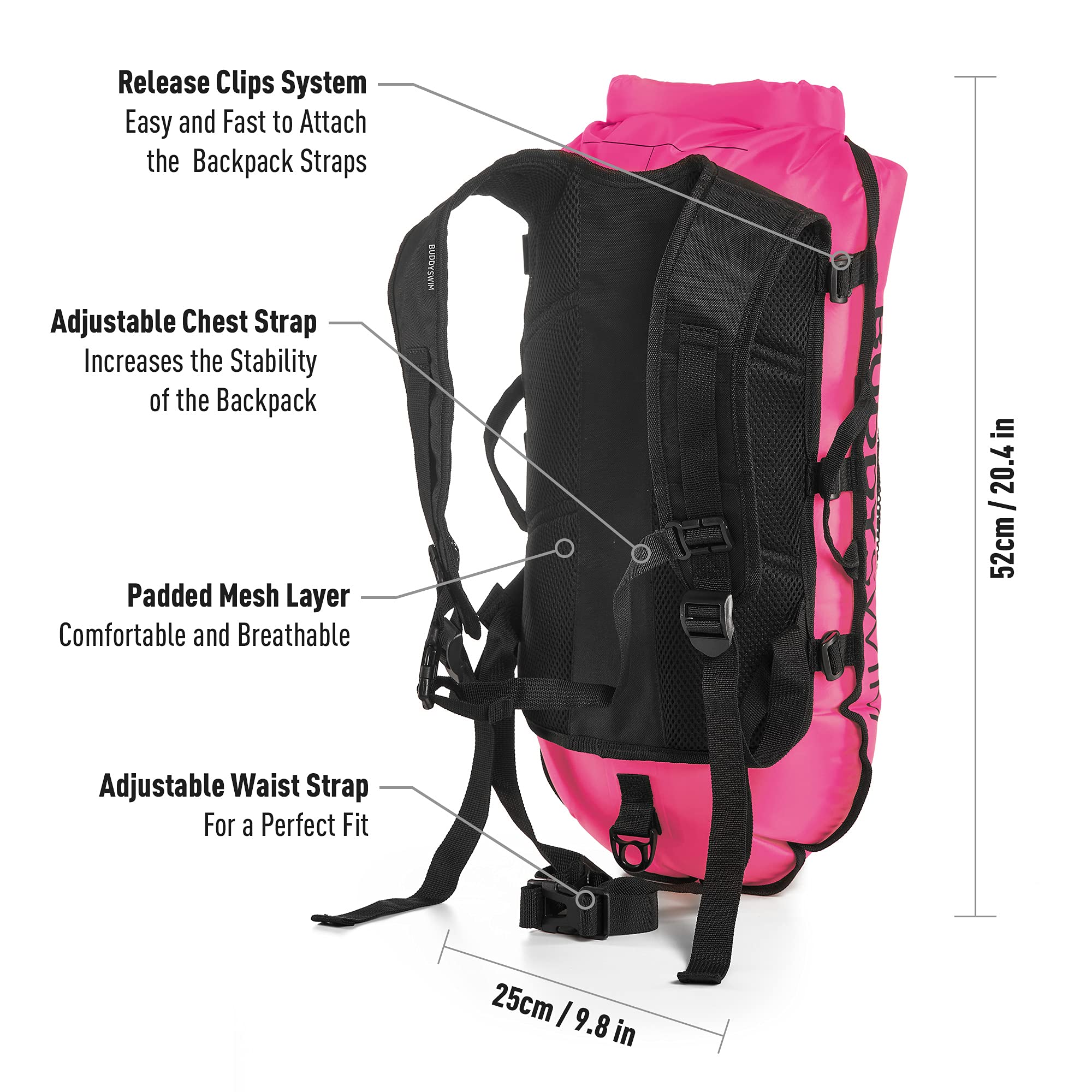 Open Water Schwimmboje Backpack 28 L mit 100% wasserdichtem Beutel und abnehmbarem Rückenpolster. Schwimmboje Erwachsene, leicht, langlebig und einfach zu Falten.