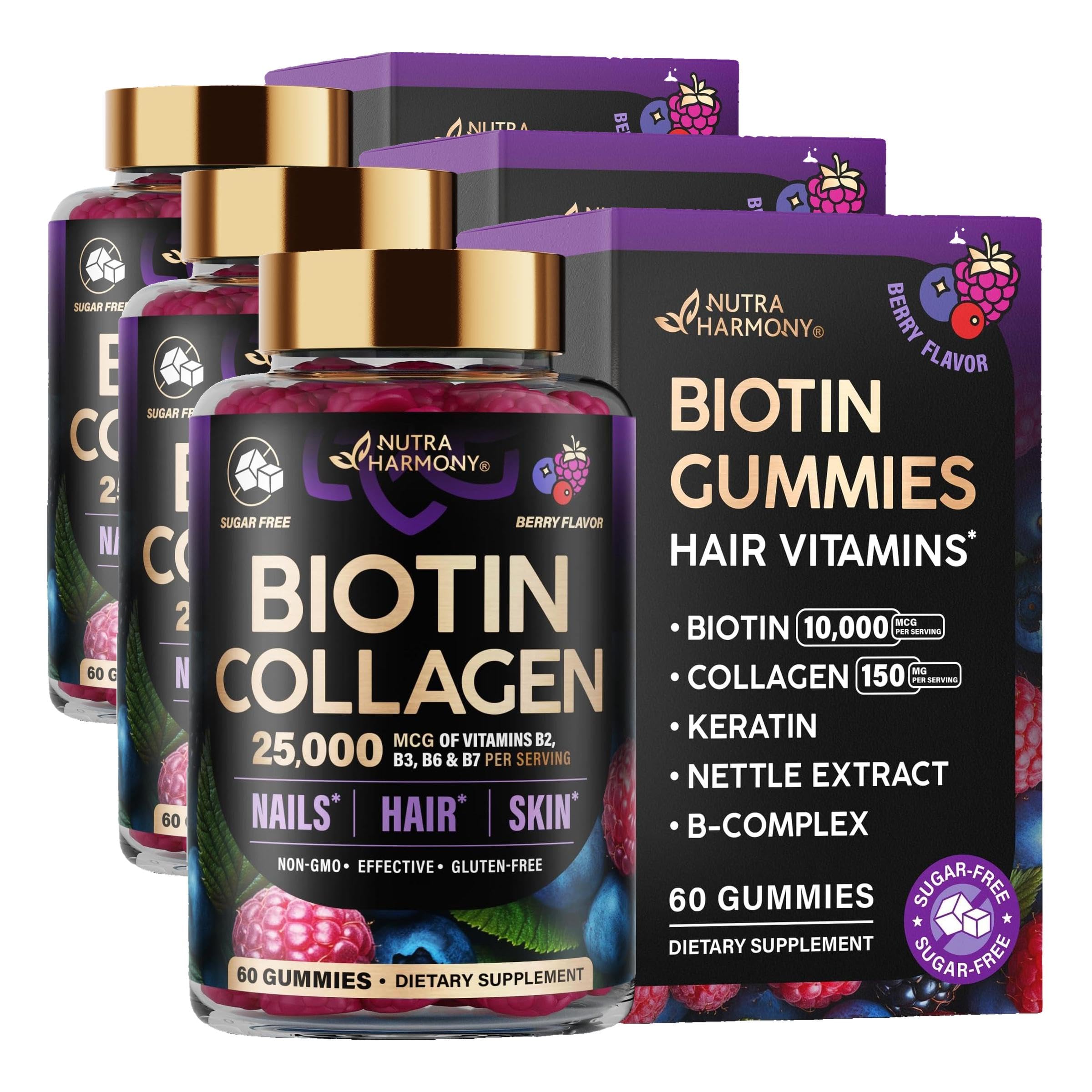 NUTRAHARMONY Biotin Gummies for Hair Growth Support - for Women & Men - Berry, 60 Gummy (Pack of 3) Mixed berry 60 Count (Pack of 3)