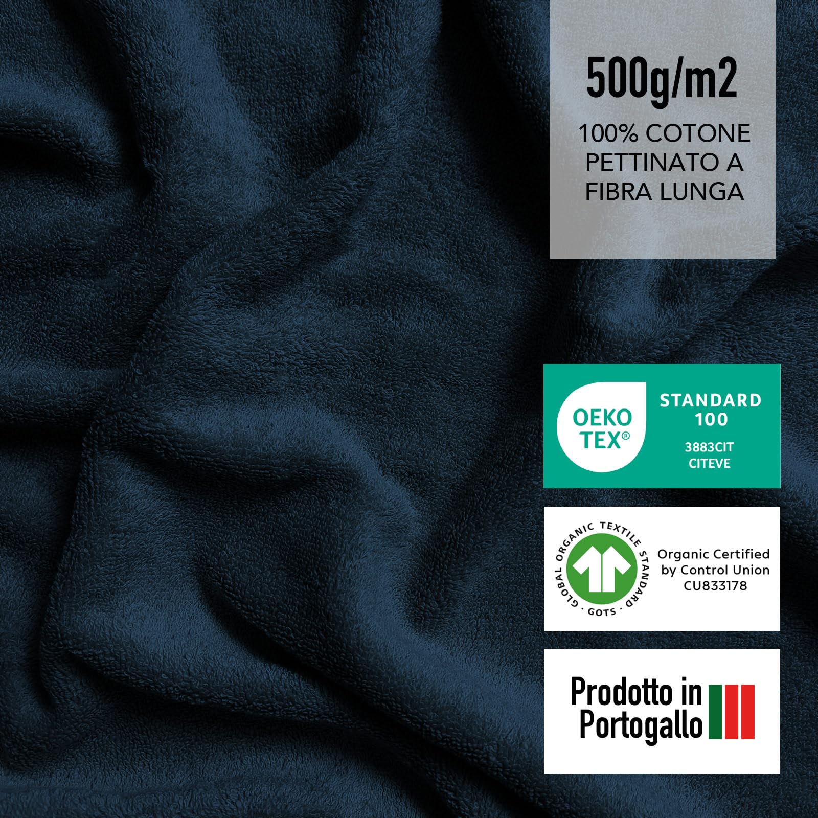 SLEEPZEN - Set di Asciugamani da Bagno (2x 50x100 + 2x 70x140 - Blu Poseidone) Cotone Biologico GOTS - 500 g/m² - Ultra Assorbenti - Morbidissimi - Prodotto in Portogallo - Certificato Oeko-Tex