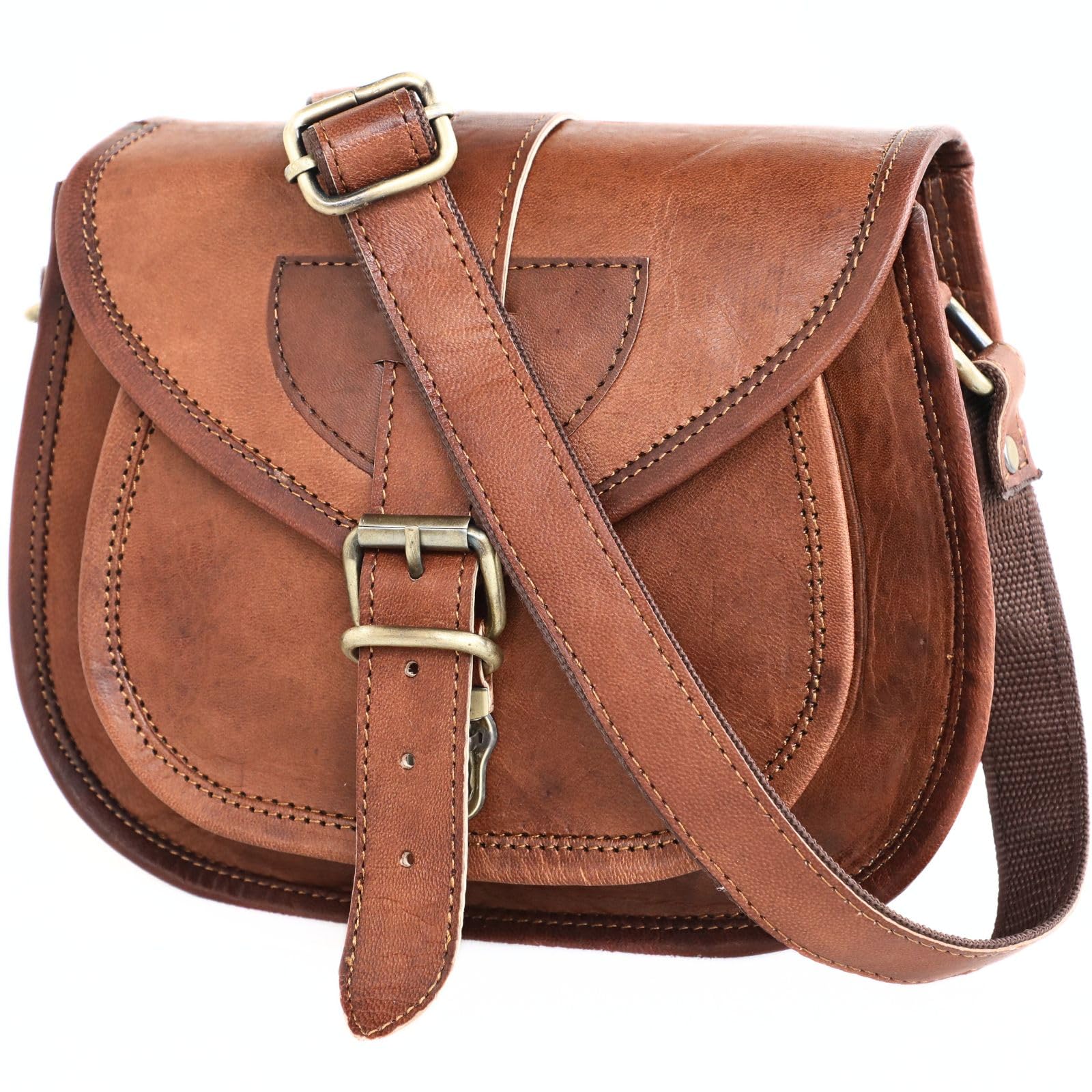 Vintage Brown Leather Satchel Purse for Women - Genuine Leather Crossbody Saddlebag Handbag - Distressed Womens Brown Leather Purse Crossbody Bags, 9-inch