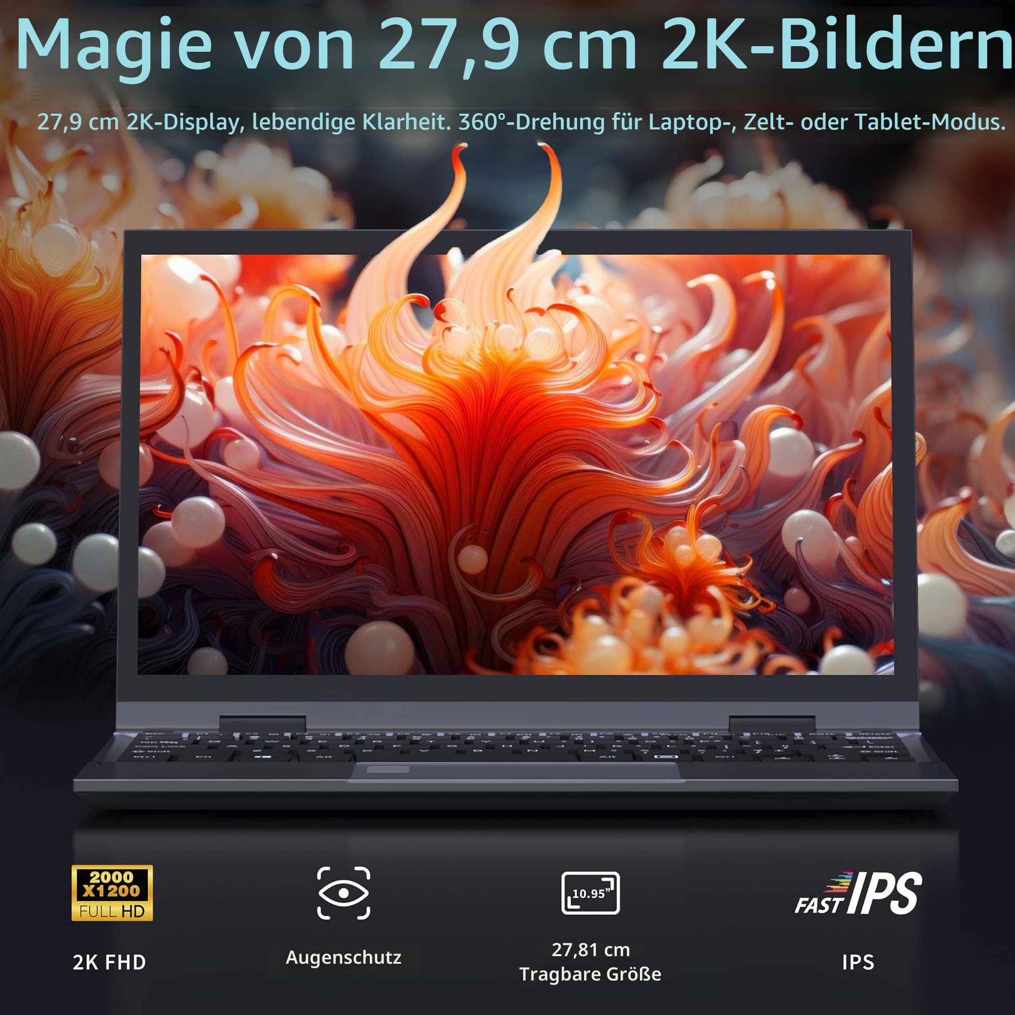 Amita 11 Zoll 2-in-1 Laptop mit Touchscreen, 360° Convertible Notebook, 16 GB RAM, M.2 SSD, FHD 2000x1200 Display, Hintergrundbeleuchtete TypeC, WiFi/BT(16GB RAM+1TB SSD)