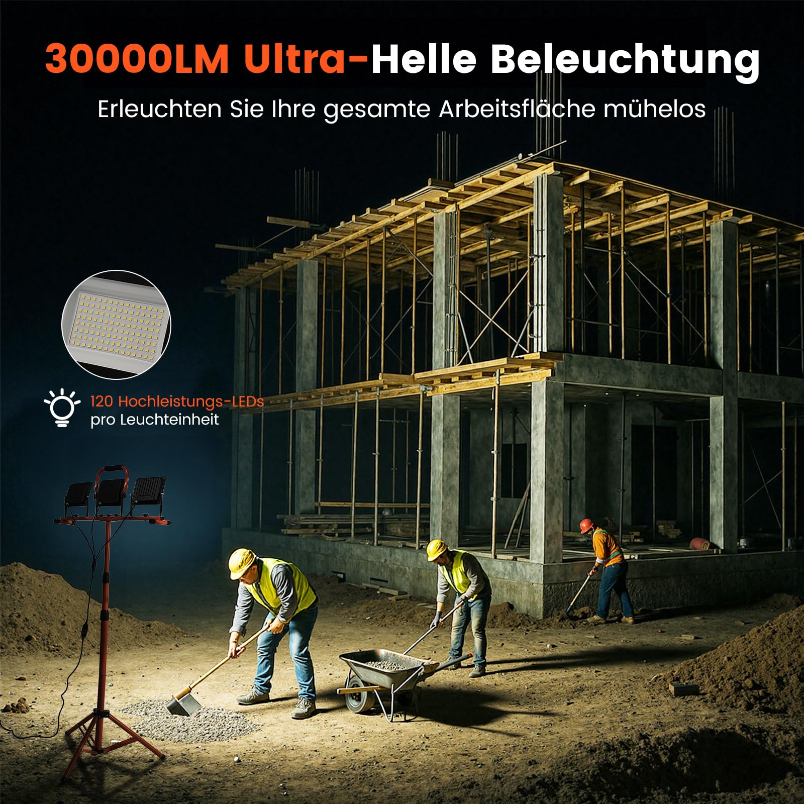 ETOOLAB Baustrahler LED mit Stativ | Baustrahler Led | 30000LM | 225W（ 3x 75W) | StrahlerArbeitsscheinwerfer 5m Bauscheinwerfer | Baustellenlampe | 98-200cm außen höhenverstellbar
