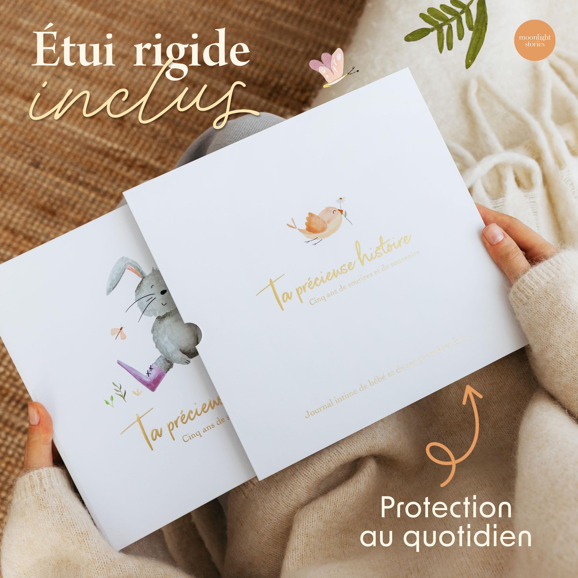 Livre de naissance bébé 0-5 ans avec 13 cartes étapes – Coffret naissance prêt à offrir, album souvenirs 120 pages, 6 pochettes souvenirs, cadeau naissance fille garçon