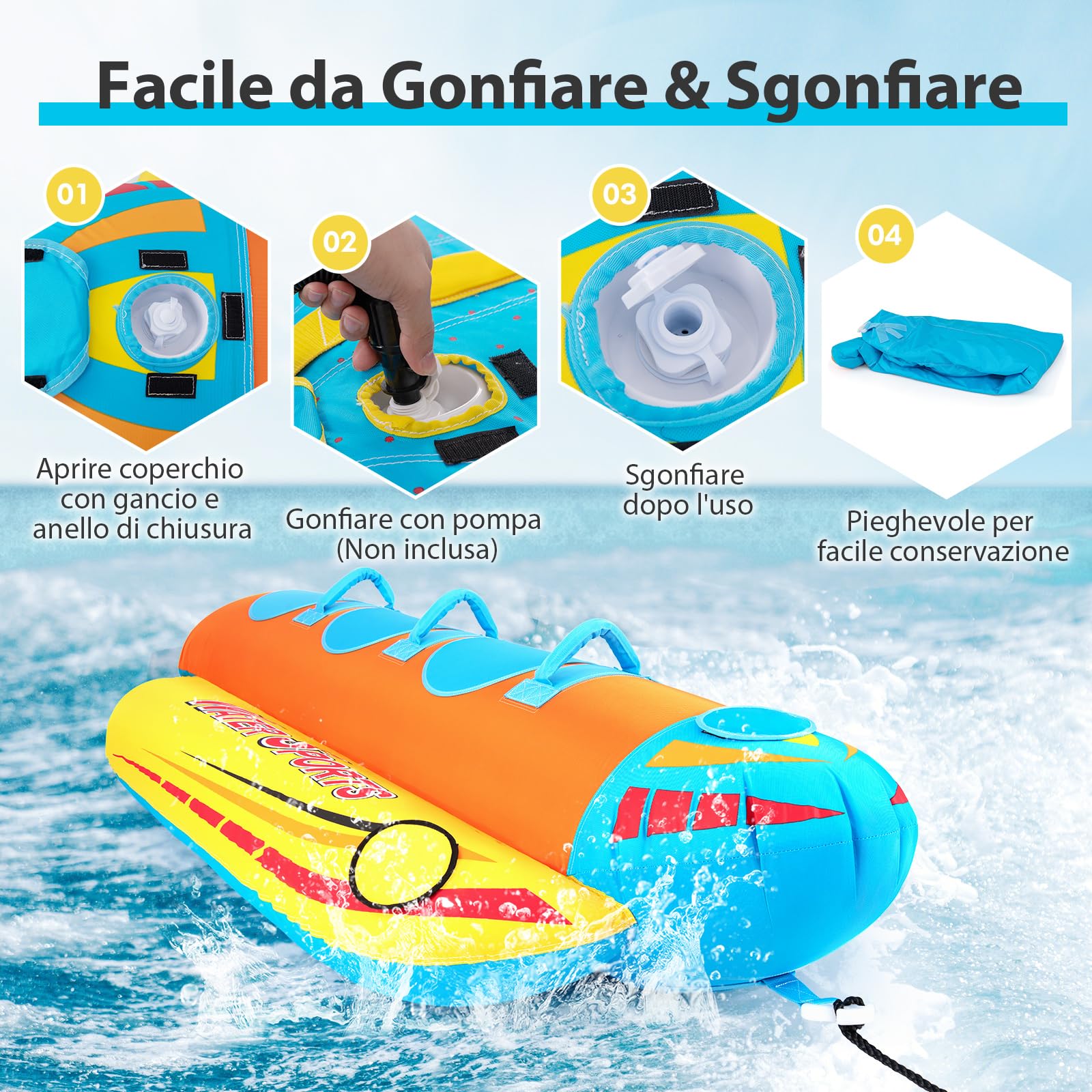 COSTWAY Gommone a Banana Gonfiabile 3 Persone Tubo Trainabile Sport Acquatici Carico Massimo 231 kg