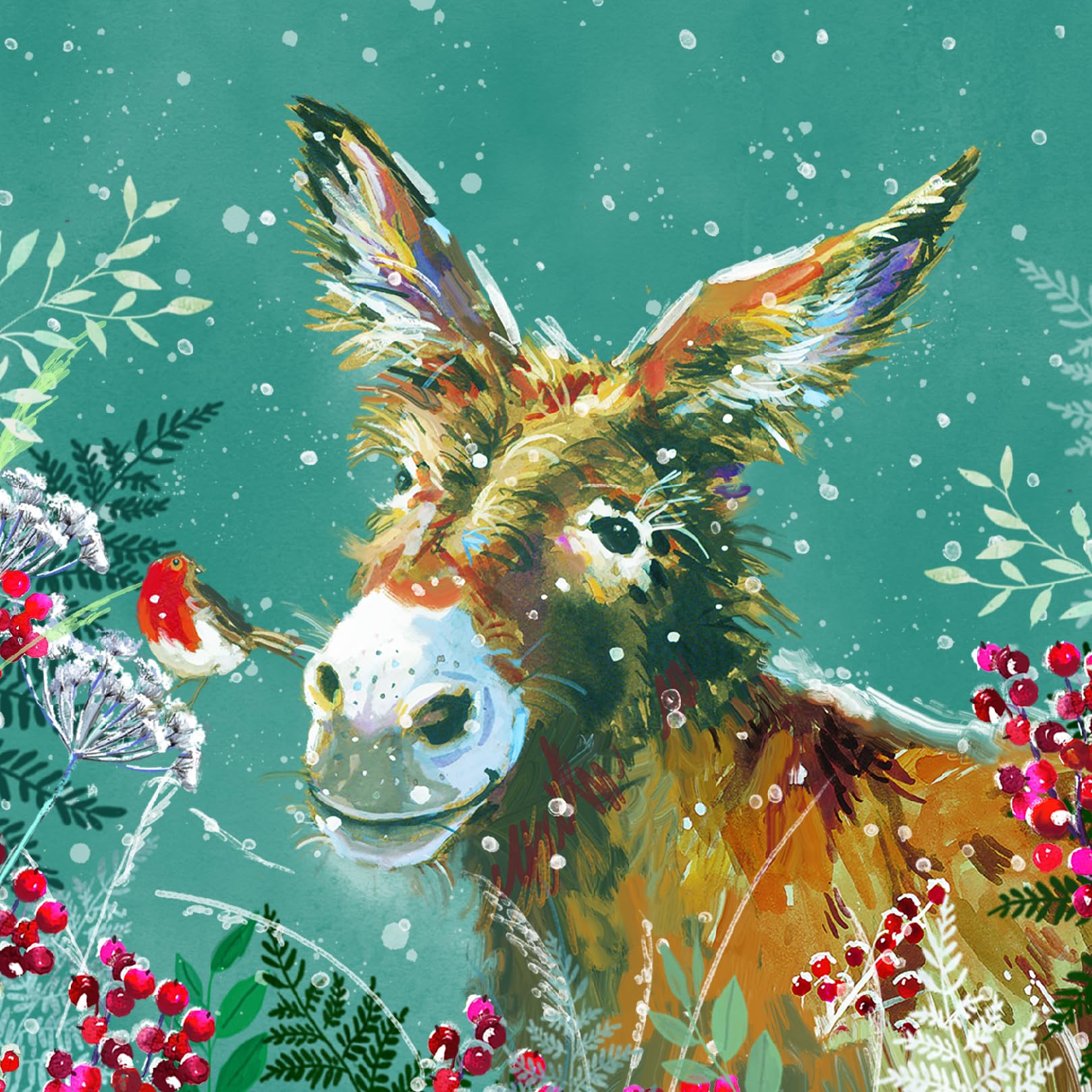 Wildlife Festive Art Collection Charity Christmas Cards - Premium Board - Eco-Friendly - Pack of 6 Cards with Envelopes (Donkey and Friend)