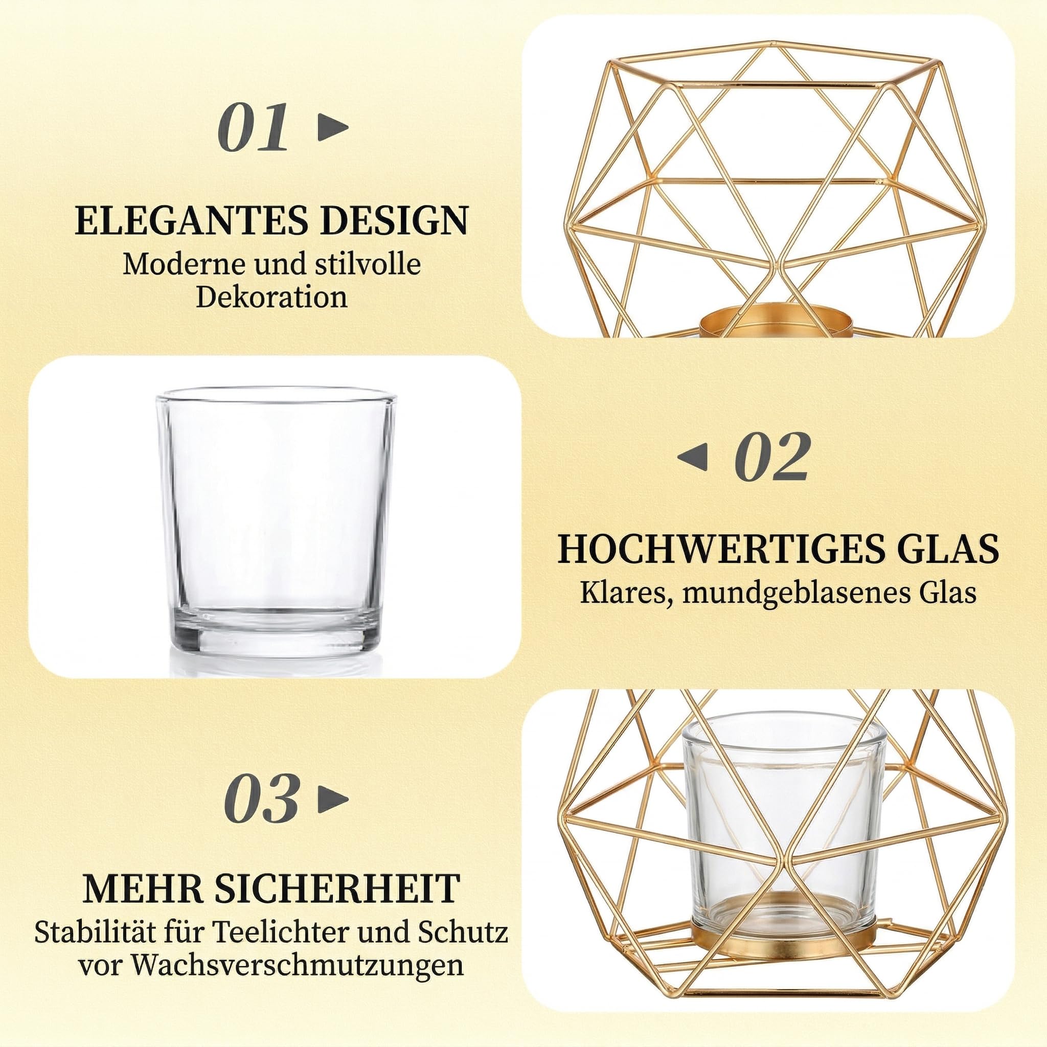 Hewory 12er Set Gold Teelichthalter Glas Modern Kerzenhalter für Teelicht | Geometrische Form, Dickes Premium-Glas, Windlicht Metall für Hochzeit Deko Wohnzimmer Wohnung, Vielseitige Teelichtgläser