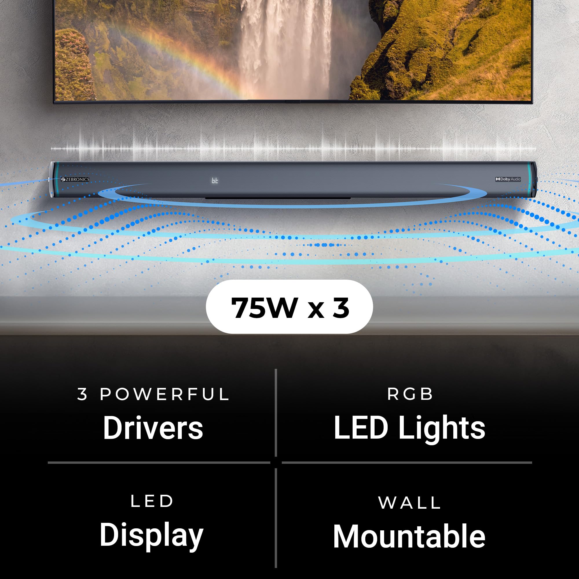 ZEBRONICS Juke bar 9550 pro 5.2 Soundbar (625 Watts), Dolby Audio, Dual Wireless Subwoofer & Wired Satellite, BT v5.3, HDMI ARC, Optical, Powerful Bass, RGB LED Lights, Wall Mountable, Silver — Amazon image 4