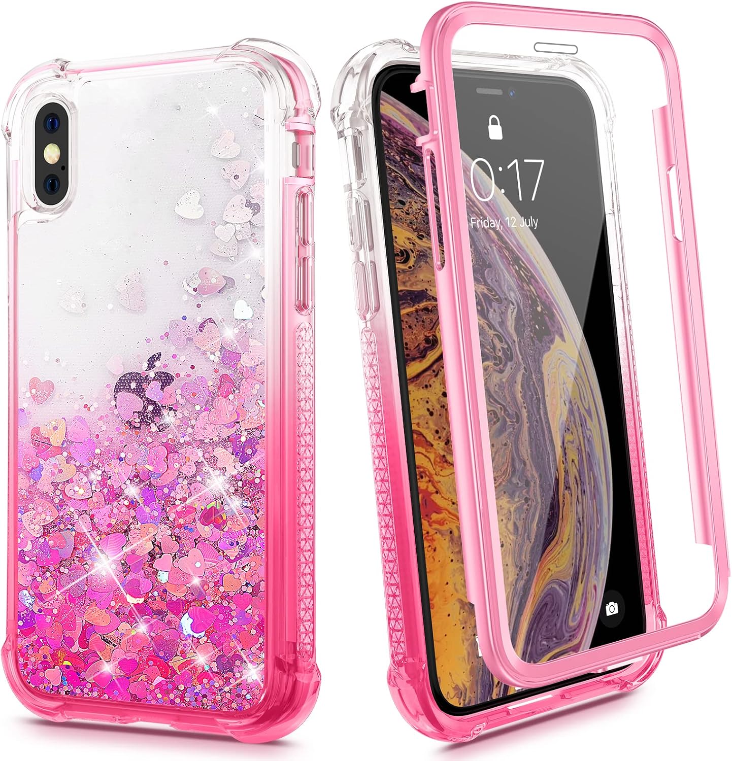Ruky iPhone X Case, iPhone Xs Case, Full Body Rugged Glitter Liquid Case with Built-in Screen Protector Shockproof Protective Girls Women Phone Case for iPhone X iPhone Xs 5.8 inches (Gradient Pink)