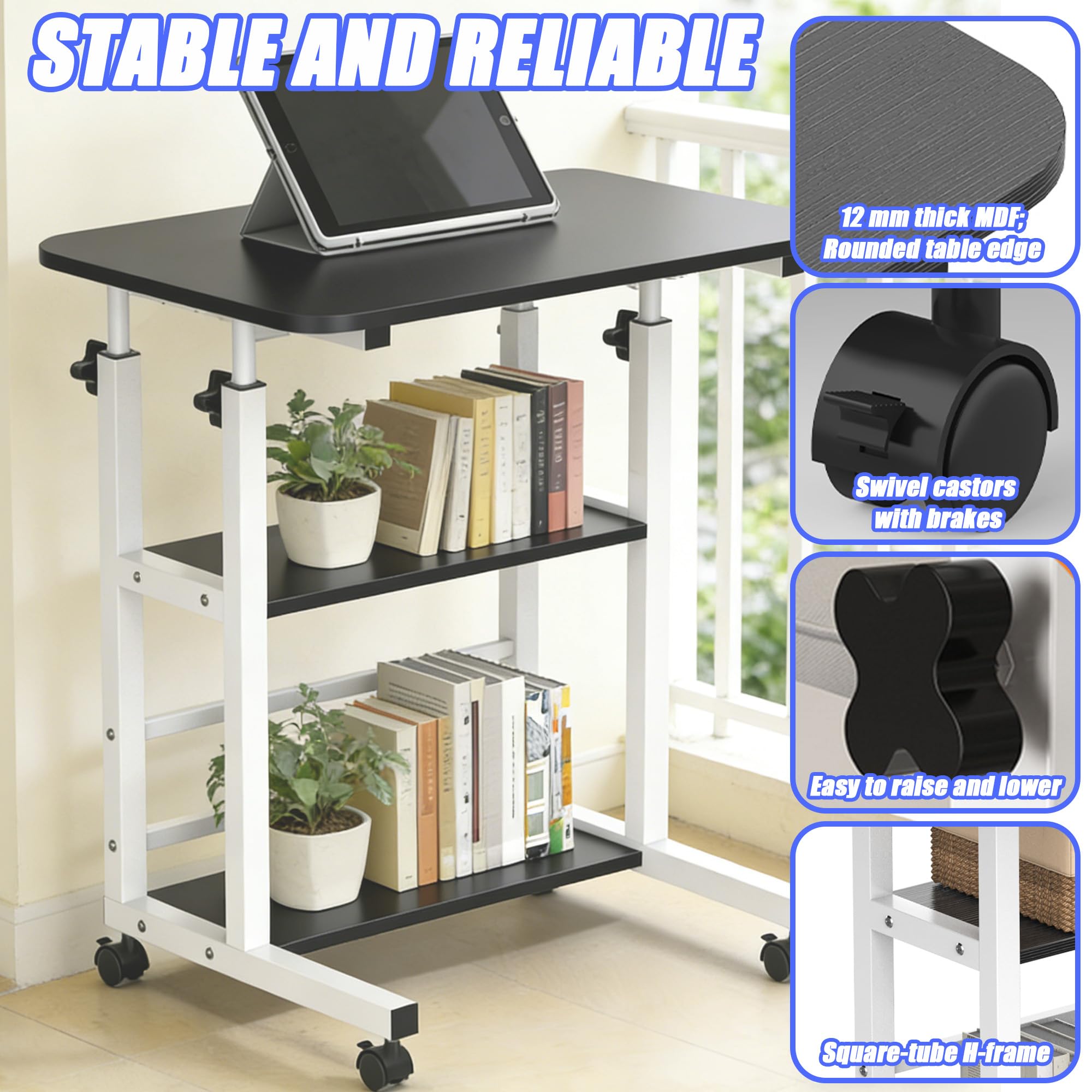 Verdego Höhenverstellbarer Schreibtisch, Beistelltisch mit Rollen, 2 Ablagen, PC Tisch 40 x 60 x 56-82cm, Platzsparender, Kleiner Mobiler Computertisch für Home Office, Sofa, Bett (Schwarz)