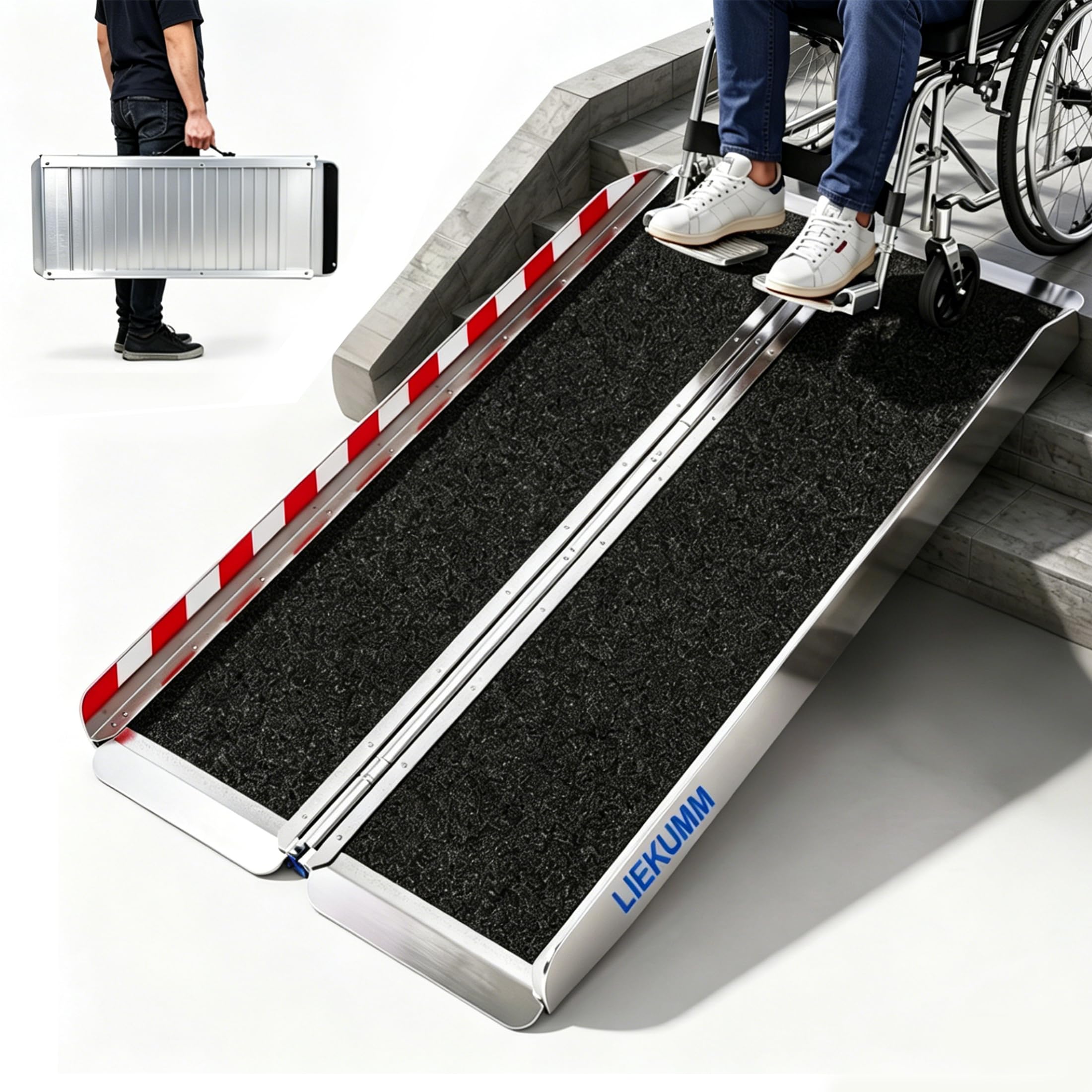 LIEKUMM - 150 cm x 76 cm, rampa per sedia a rotelle con superficie antiscivolo, in alluminio, per sedie a rotelle, per casa, gradini, scale, disabili, porte, con borsa (MR607MW-5)