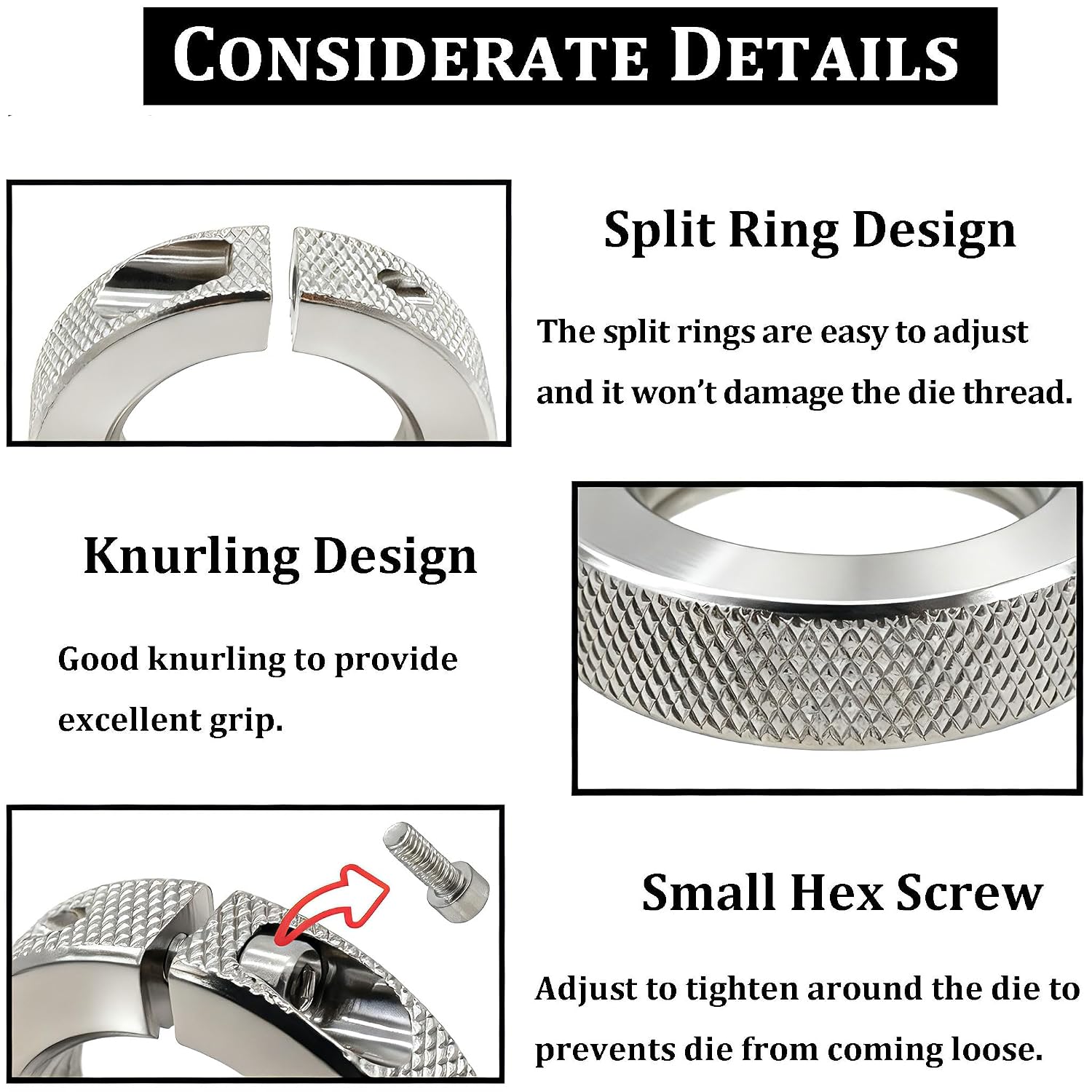 Die Lock Rings Fits on Standard 7/8-14 Inch Threaded Dies & Accessories, Split Ring Design Die Lock Nuts Applies Constant Pressure & Wrench Flats for Easy On/Off, Package of 6