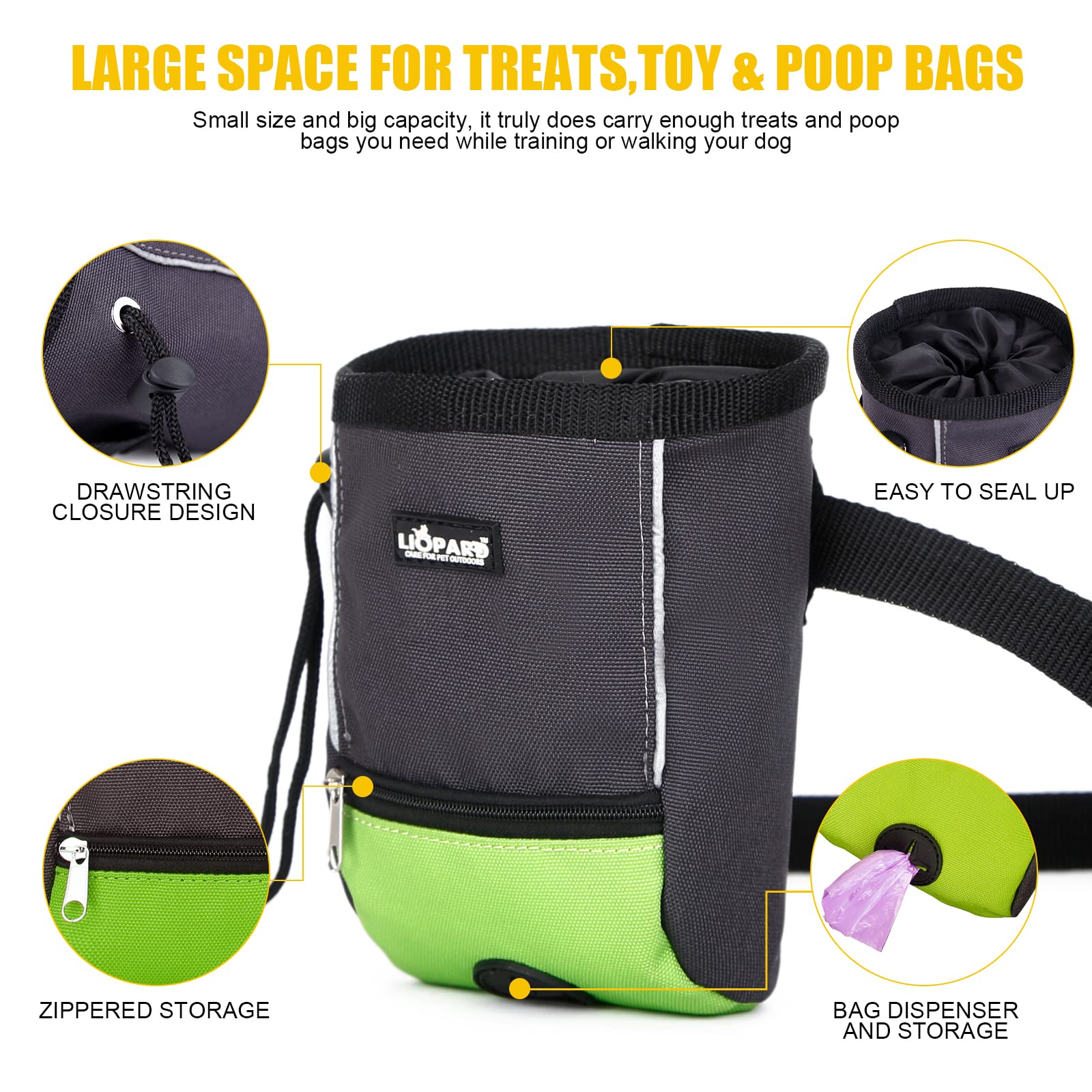 LIOPARD Petit sac banane étanche pour chiot - Accessoires pour chien - Grand sac à friandises - Sac de dressage avec distributeur de nourriture pour déjections canines - Équipement d'agilité -