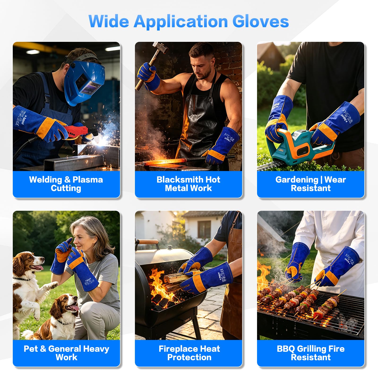Reboot Guantes de Soldadura, Cuero Resistente 500°C, Protección Antebrazo 38 cm, Costuras Dobles Reforzadas para MIG TIG Electrodo Barbacoa Forja – Azul