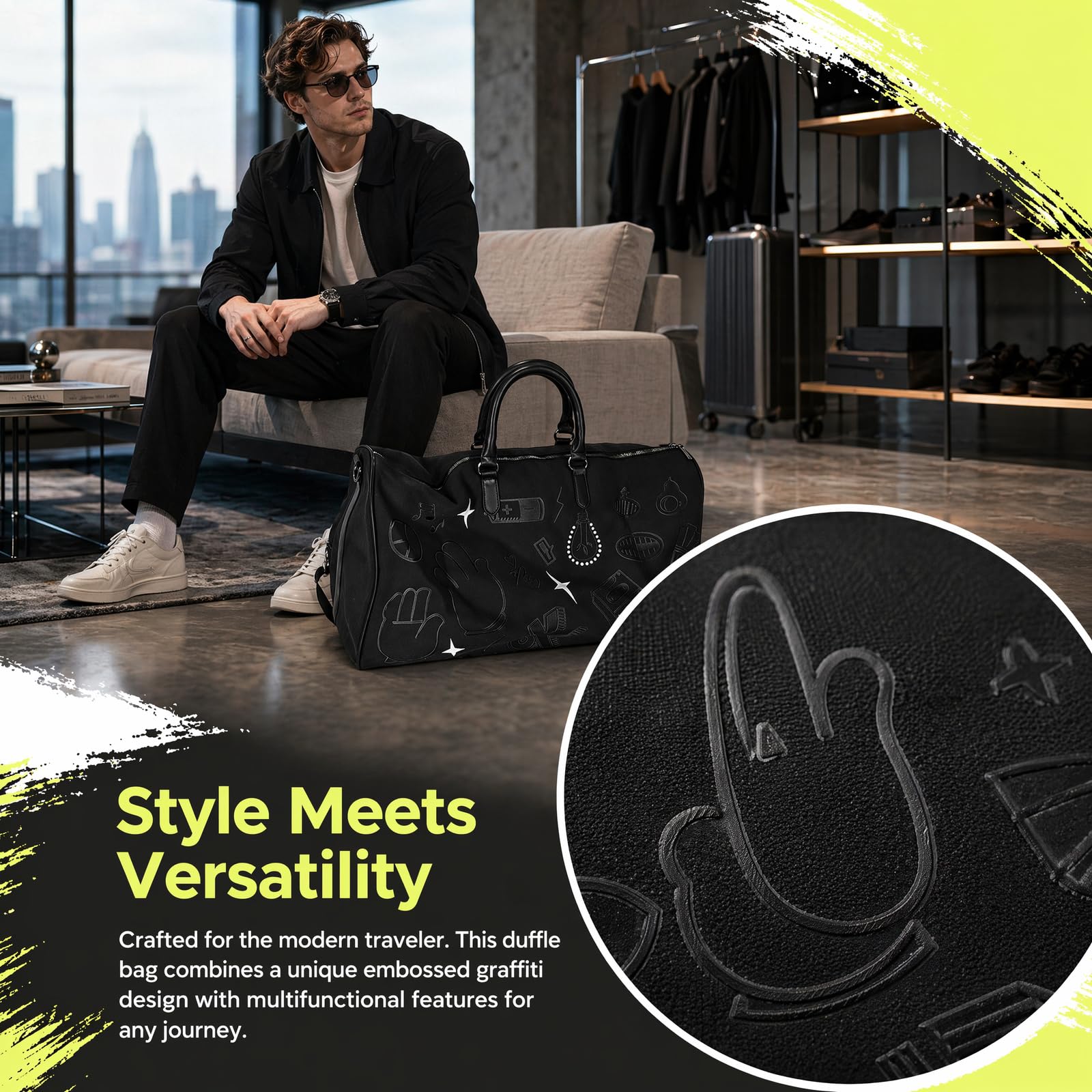Naapesi Borsa Sportiva 40L Borsa da Viaggio Weekender con Scomparto Impermeabile, Borse Palestra Donna Uomo Teen – Borse Training Graffiti per Fitness Nuoto Viaggio, Nero (53x28x26cm)