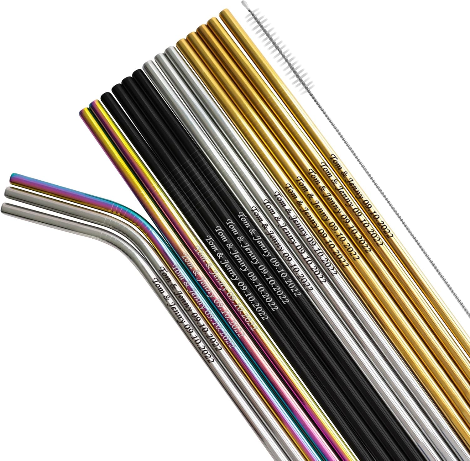 Set of custom Stainless Steel Drinking Straws, personalized name or quotes engraved reusable metal beverage eco friendly straw with cleaning brushes for home, wedding guest gift, birthday party favors
