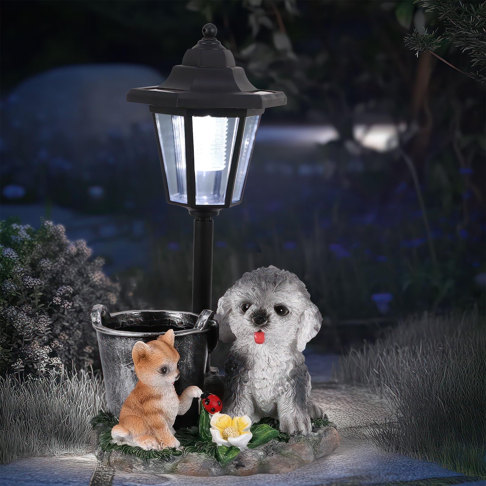 Estatuas de jardín para perros, decoración solar para exteriores, estatuas de jardín para perros, adornos con luces solares, estatua de decoración al aire libre, resistente al agua, linda