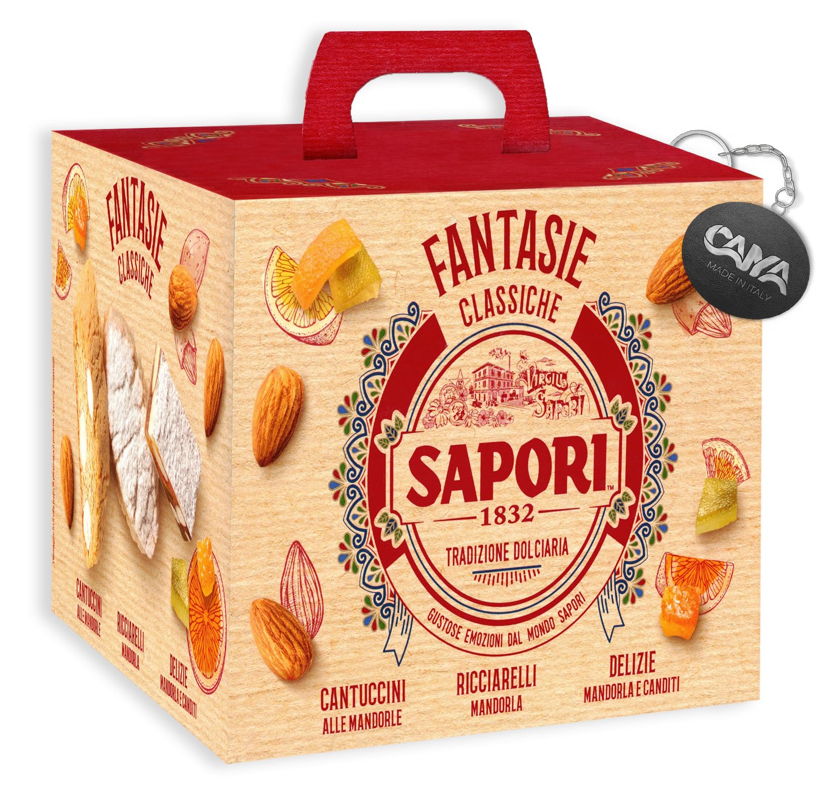Sapori Fantasie Classiche con Cantuccini, Ricciarelli e Delizie alla Mandorla e Canditi 381g con Portachiavi CAIYA® (2024)