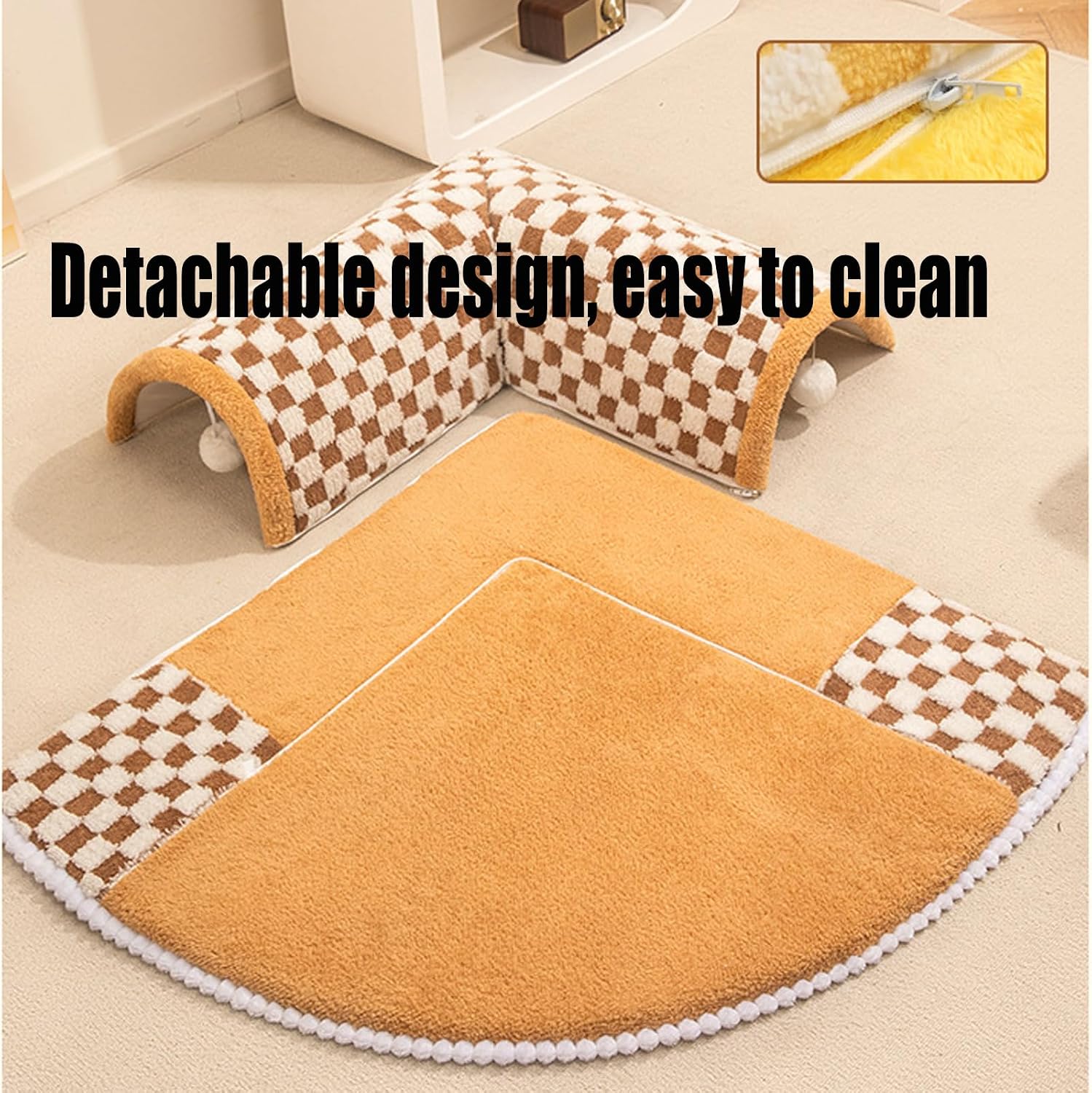 BEABAG 2-in-1 Funny Plush Plaid Checkered Cat Tunnel Bed, Fluffy Square Cat Tunnel, Winter Pet Plush Bed (X-Large,Brown)
