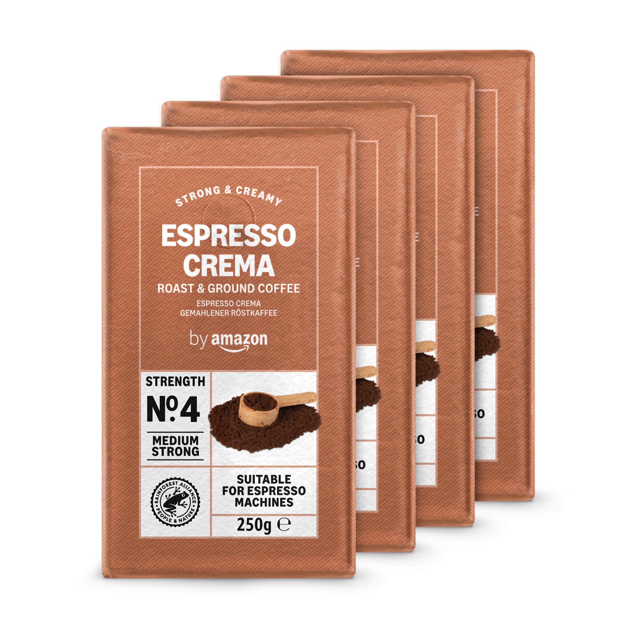 by Amazon Ground Coffee Espresso Crema, Medium Roast, 250 g, Pack of 4 - Rainforest Alliance CertifiedRainforest AllianceRainforest AllianceRainforest AllianceRainforest Alliance