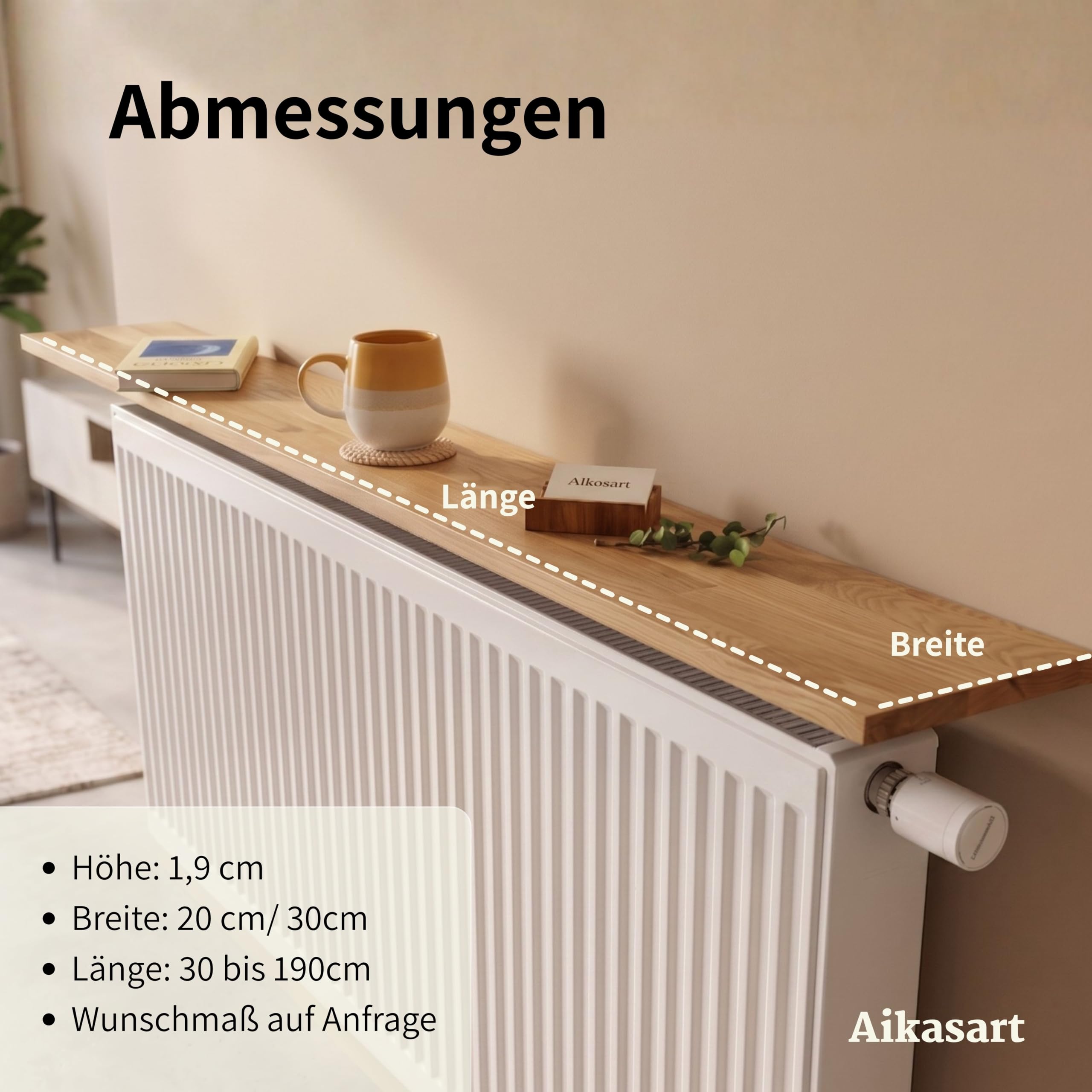 Heizungsregal Eiche Massiv – Ohne Bohren – Individuelle Länge 30-190 cm – Zum Aufstecken – Handgefertigte Ablage für Heizkörperverkleidung (Steckklemme für Plattenheizkörper, 80x20 cm)
