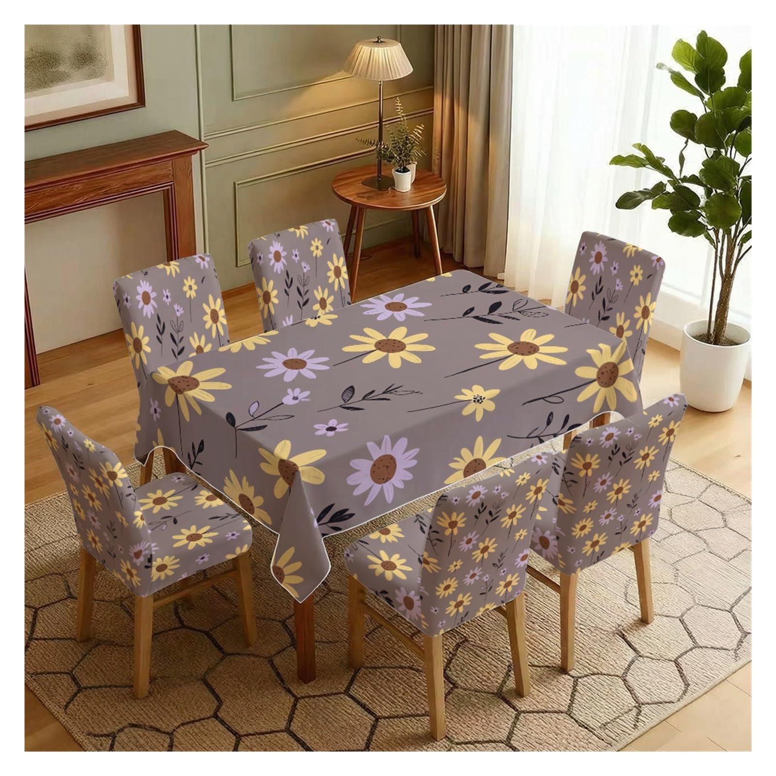 BOSUYBN Grey Base Pastel Yellow Purple Daisy Floral Dining Tablecloth & Chair Covers Set, 5/7 Piece Soft Cottage Minimal Farmhouse Dining Decor Table Setting(7pcs Set: Tablecloth+Chair Covers)