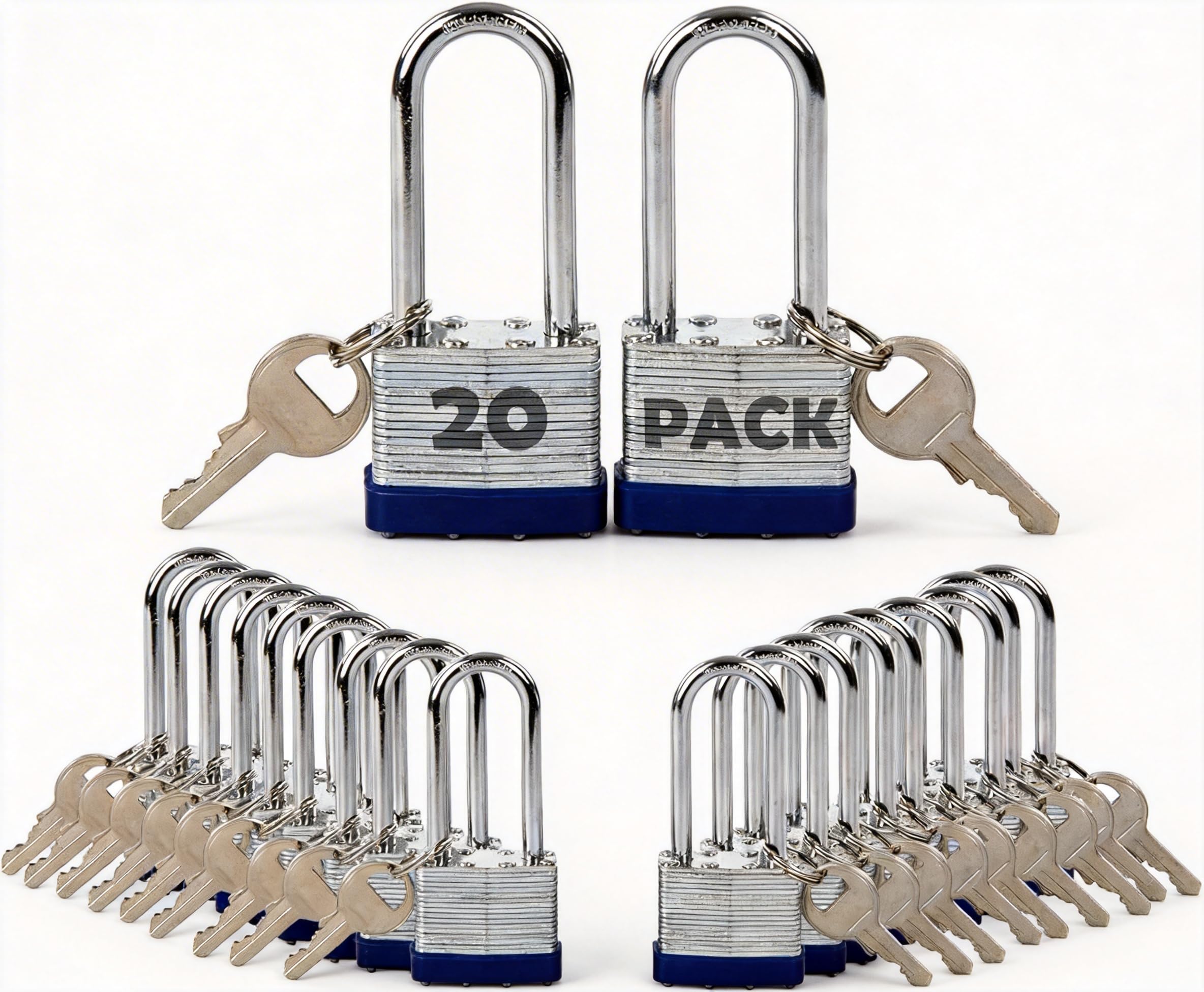 SEPOX® 20-teiliges Set gleichschließende, laminierte Vorhängeschlösser mit gleichschließendem gehärtetem Stahl, langer Bügel, 20 Stück, 40 mm, robuster Stahlschlosskörper, jedes Schloss mit 2 großen