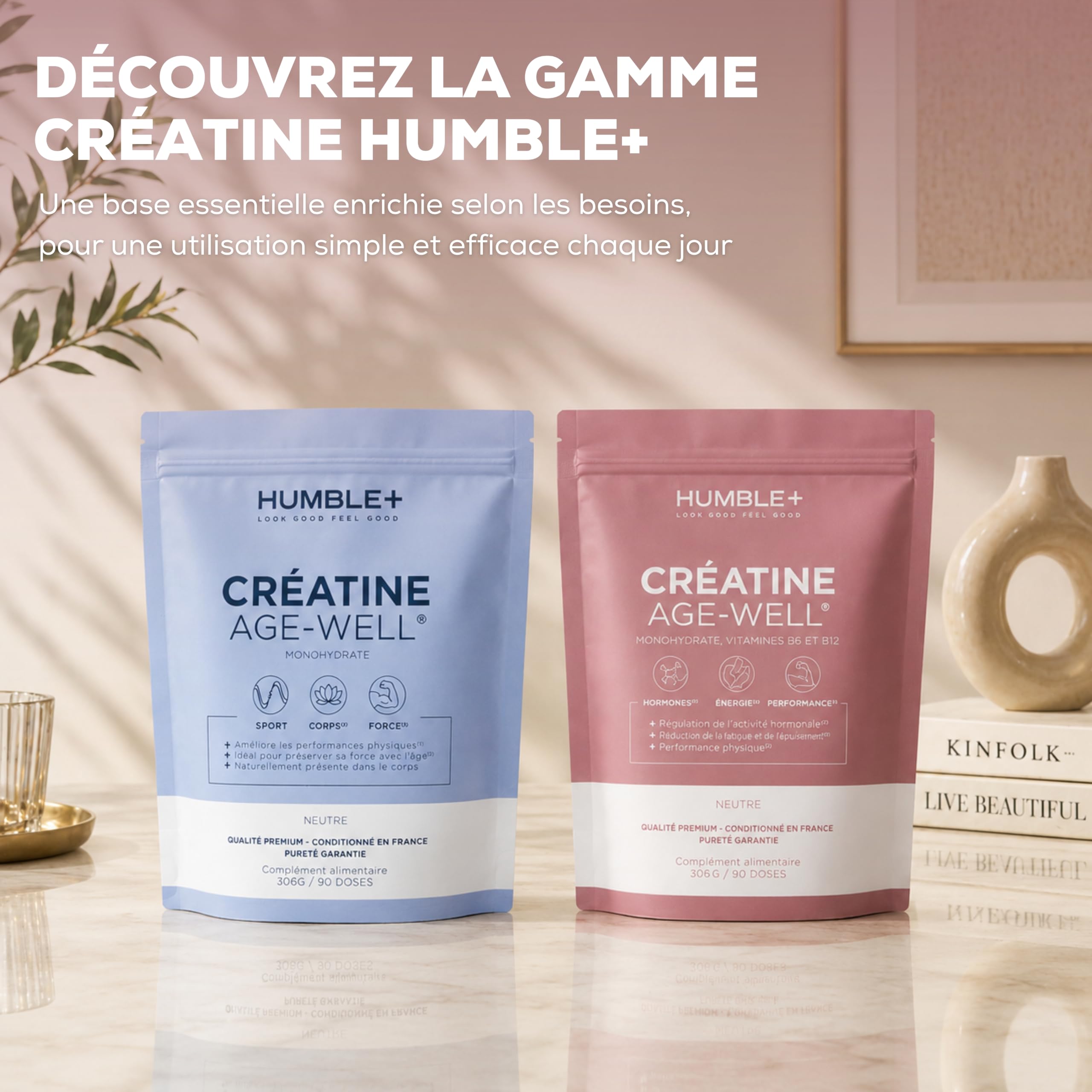 HUMBLE+ Créatine Glow Age-Well® - Créatine Monohydrate + Vitamines B6 et B12-310 g - 90 Portions - Marque Française