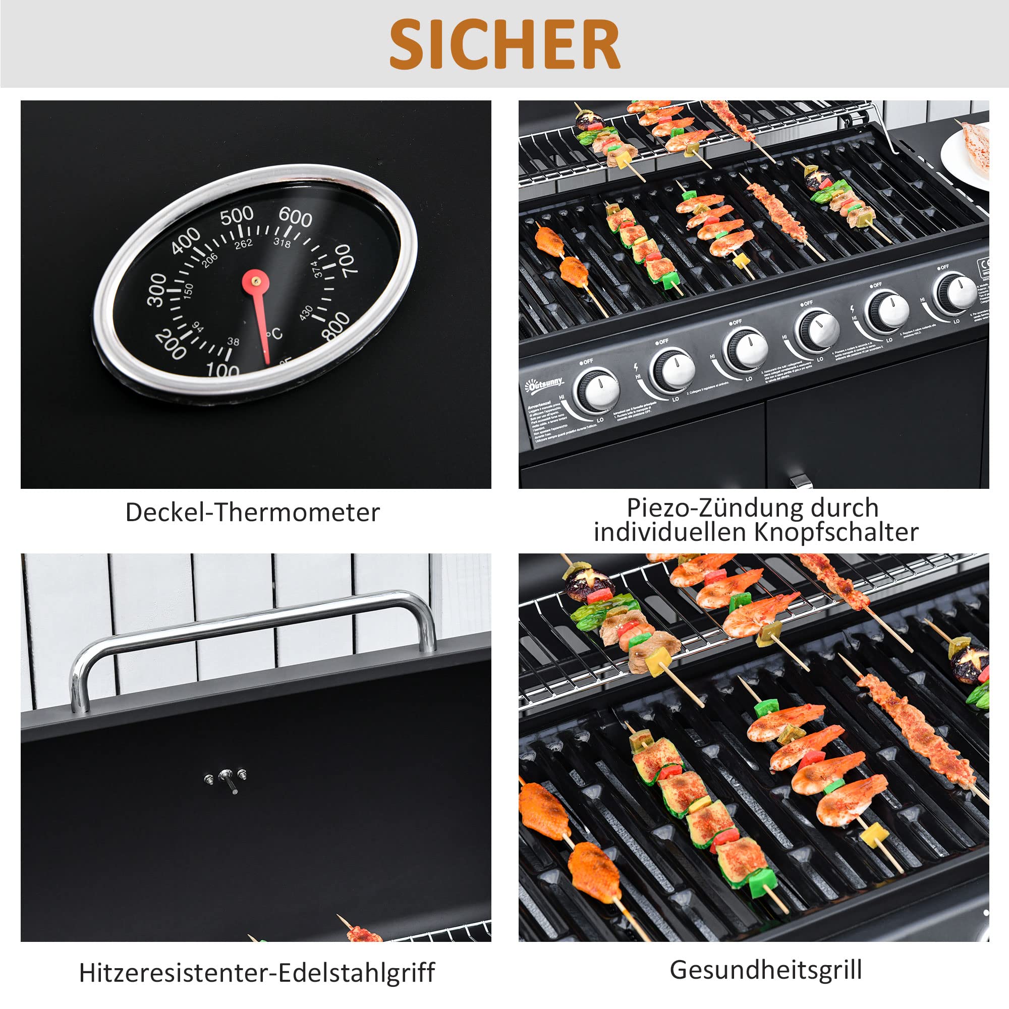 Outsunny Barbacoa de Gas Carro Barbacoa con 6 quemadores 1 Quemador Lateral Armario Multifunción Metal Negro 135 x 50 x 100 cm