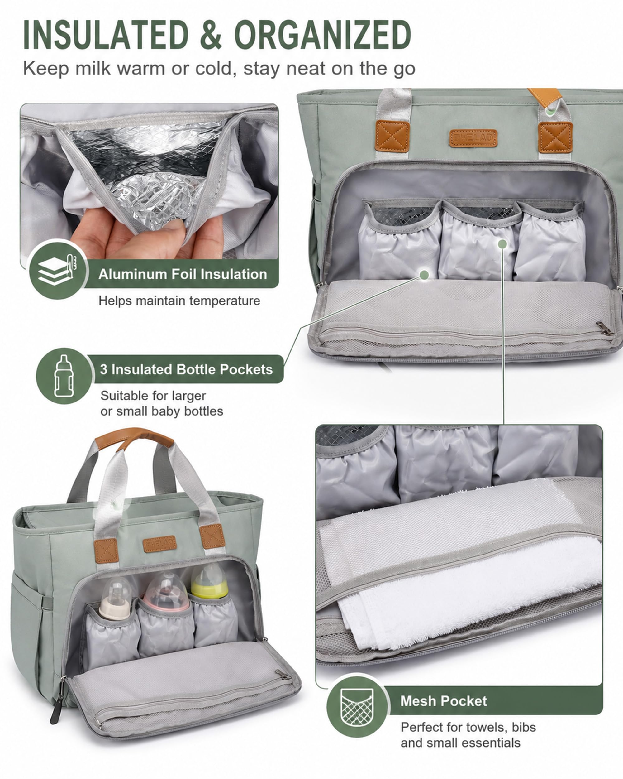 FHELAD Bolsa de pañales para mujer, bolsa de bebé con compartimento para laptop de 15.6 pulgadas, con bolsillo aislado para niños pequeños y recién nacidos