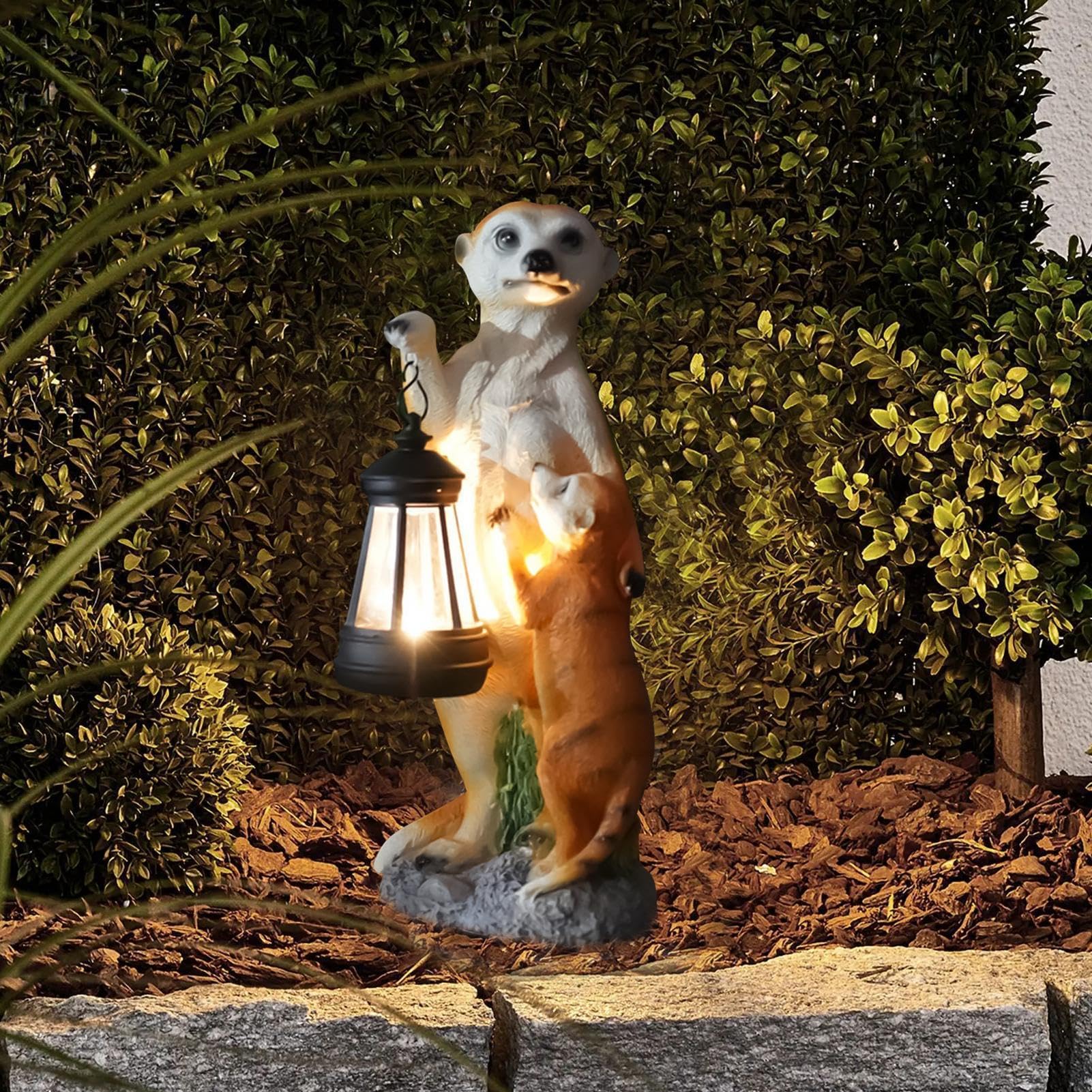 Generico Statuetta di Suricato Arredo Giardino Per Esterni | Scultura d'Arte di Mamma Suricato e Piccoli con Luce Solare Figurina Da Collezione Decorazione Animale Per Balcone Cortile