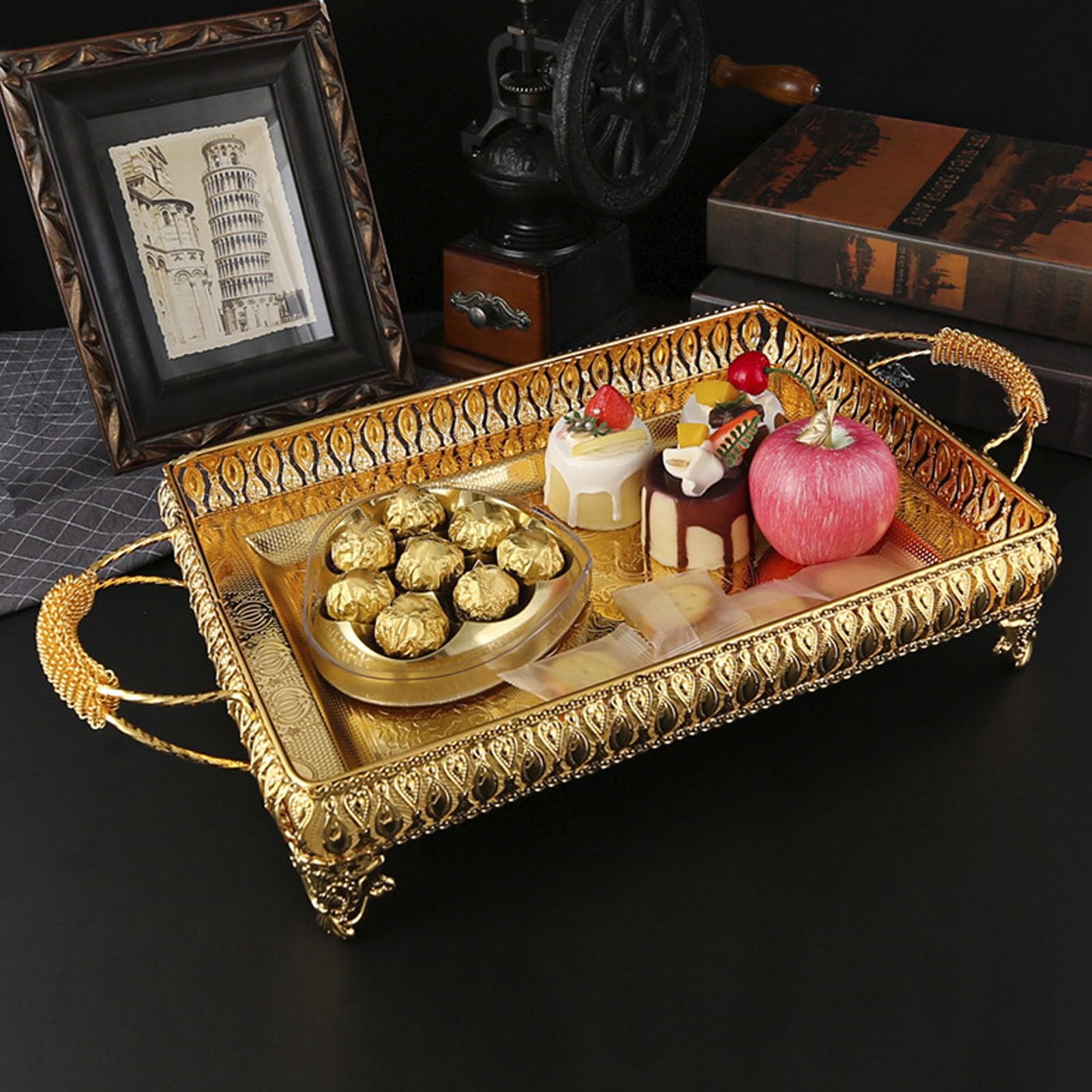 Yctze Bandeja Decorativa Dorada para Servir Bandeja de Metal para Servir Comida, Merienda, Fruta, Rectángulo Europeo, Plato Decorativo para Fiesta, de Metal Dorado Decorativas Hogar y Cocina/Cocina