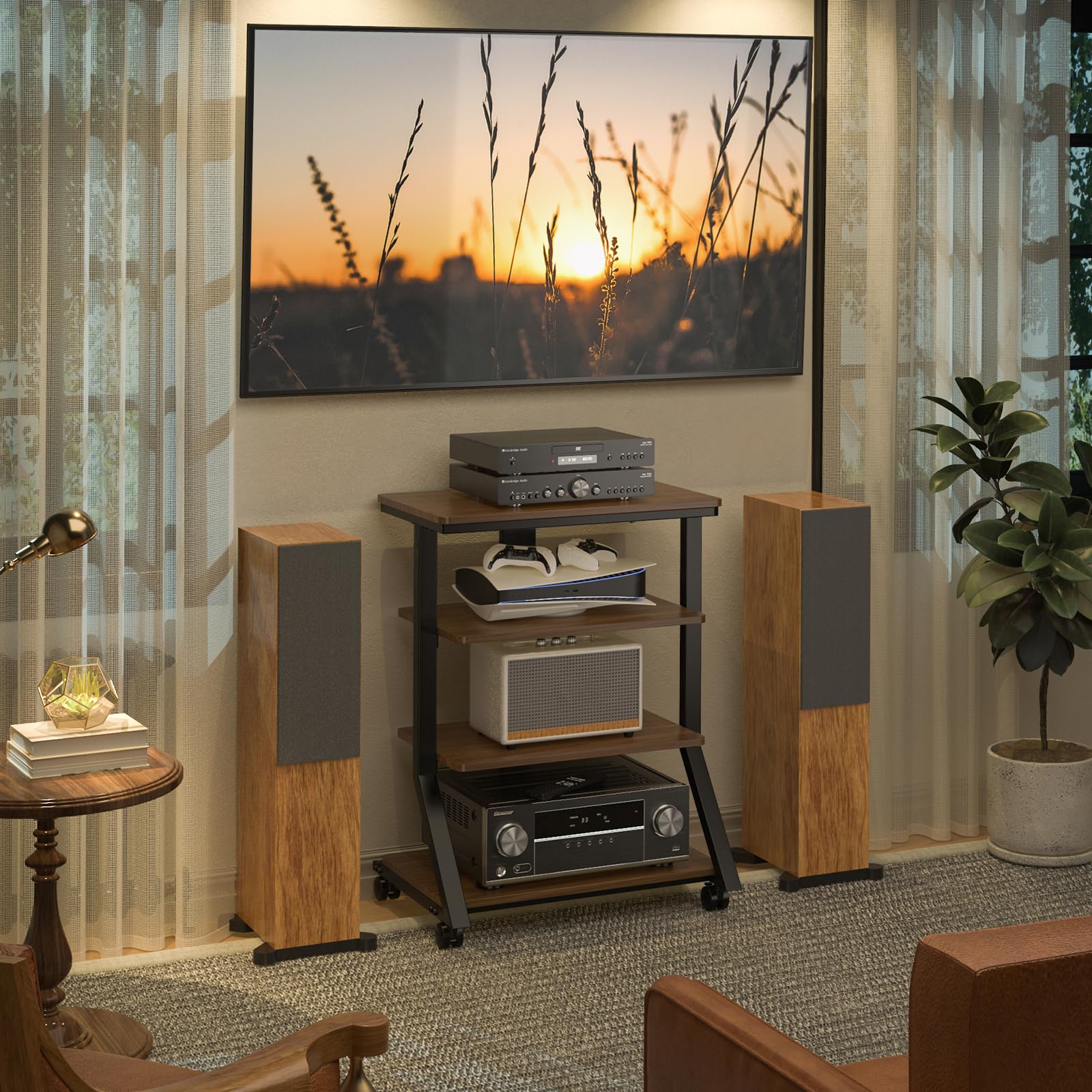 5Rcom Rack e supporti HiFi Audio Rack Armadio AV Mensola Movimento Stand 4 Ripiani in legno per Giradischi Lettore DVD Unità di intrattenimento Multifunzionale Altezza Regolabile Capacità di carico 54