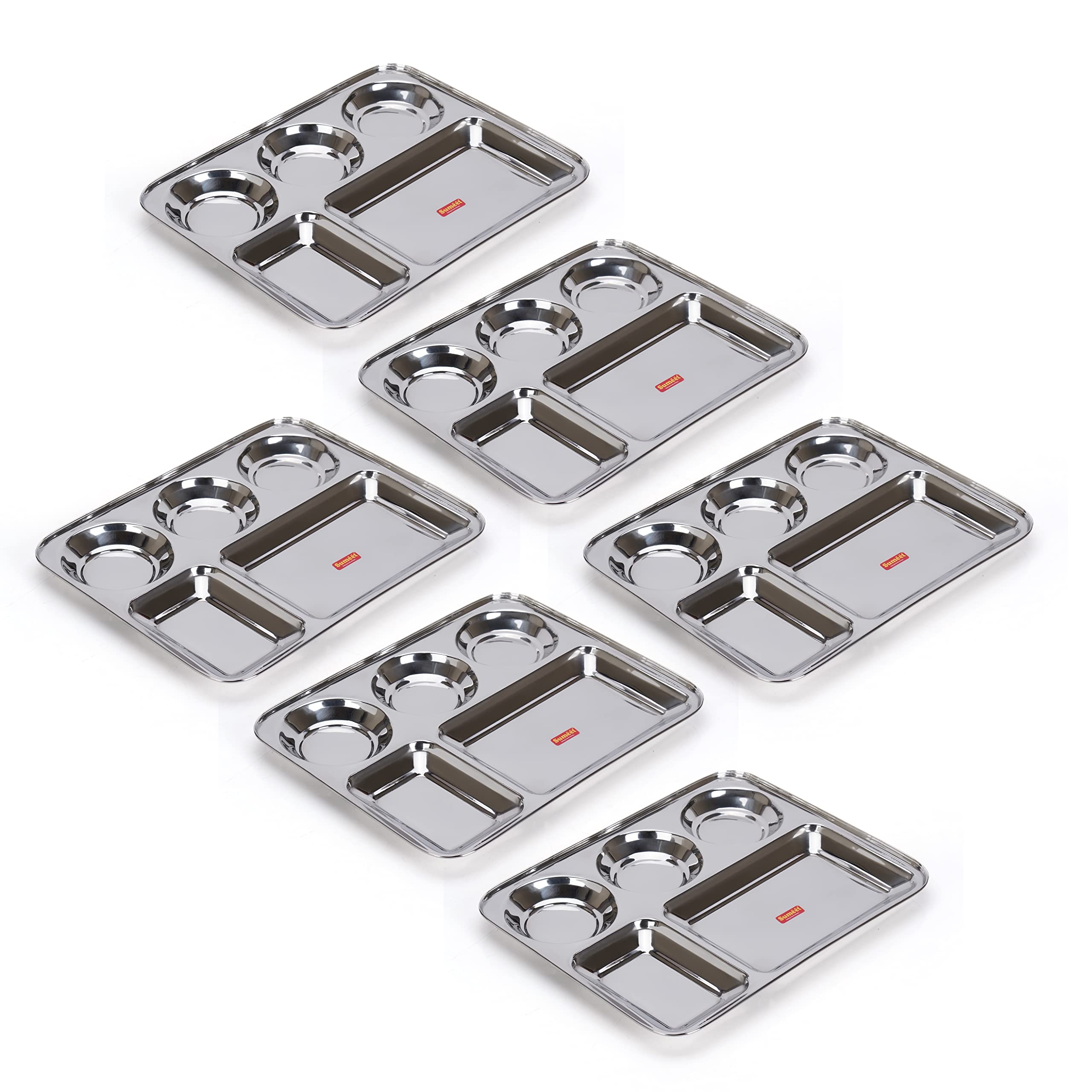 Sumeet Lot de 6 assiettes à déjeuner rectangulaires en acier inoxydable 5 en 1, 37,4 cm de diamètre, argenté