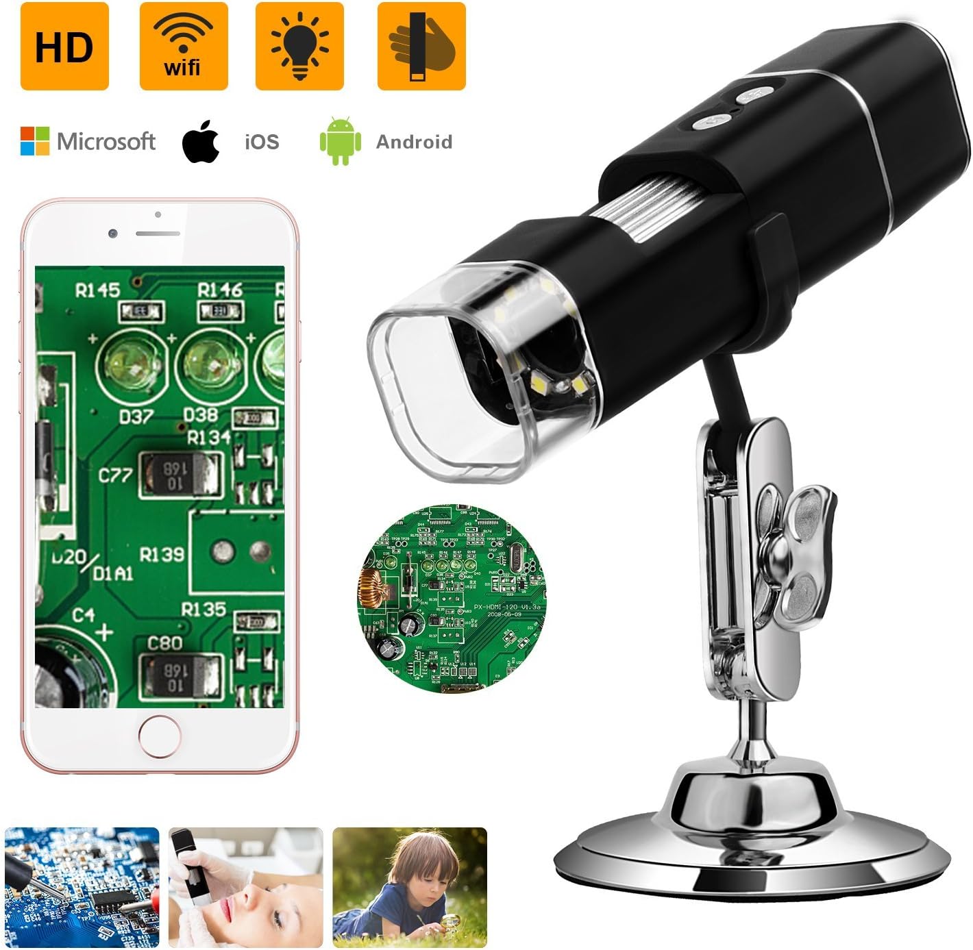 Tonha WiFi Digital Microscope | 720p High Resolution Camera | Built-in 8pc LED Lights with Luminance Control & Adjustable Focal Length | for Students, Engineers, Artists & Inquisitive Minds