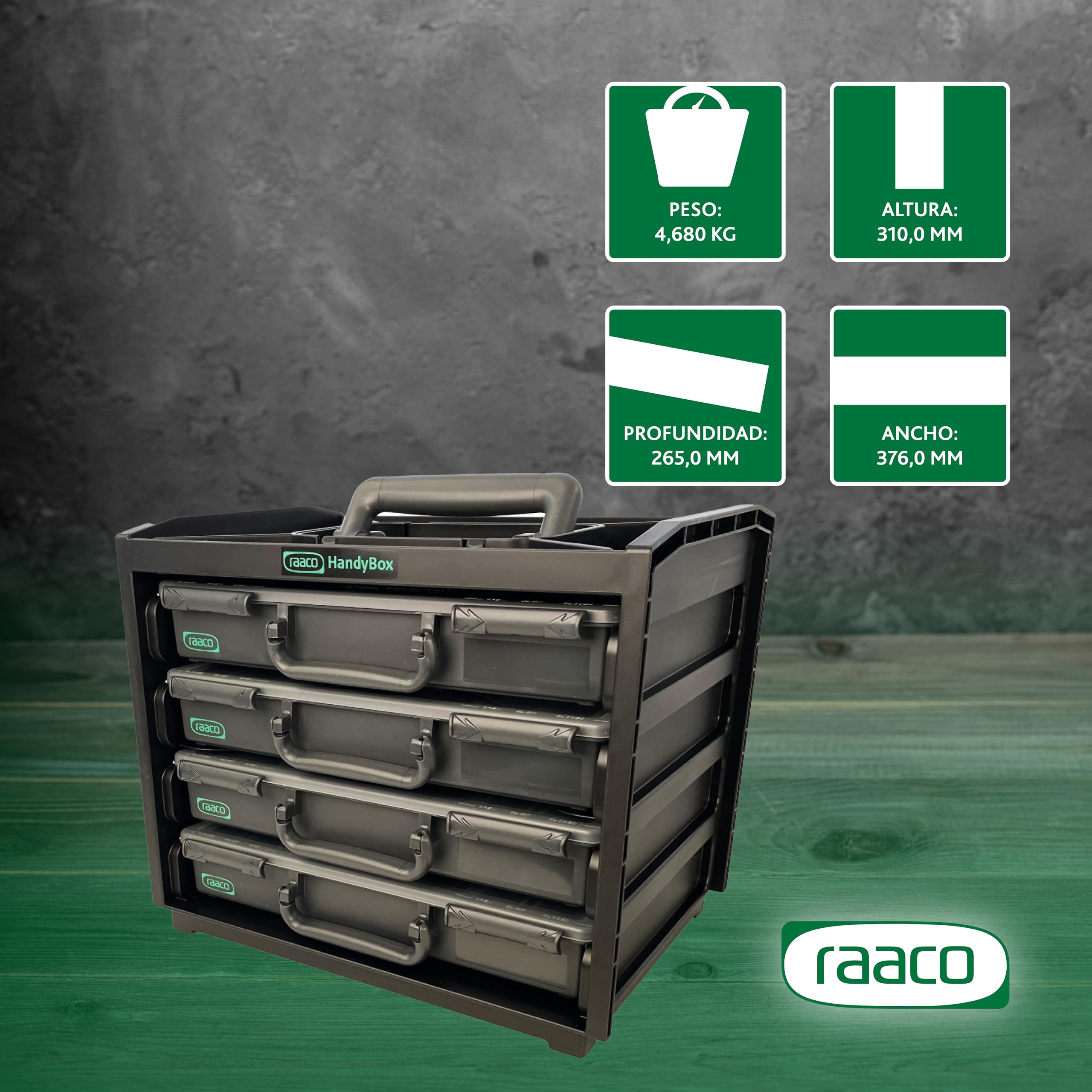 Raaco HandyBox, Capacidad de 25 kg, Caja Organizadora Resistente - set | Capacidad de 25 kg, Caja Organizadora Resistente para Taller, con 4 Cajas para Tornillos y Pequeñas Piezas, HandyBox, set
