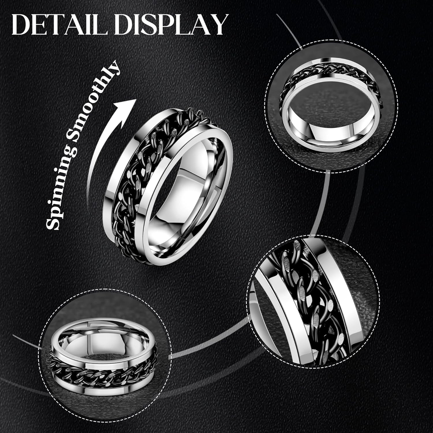 8Pcs Stainless Steel Spinner Rings for Men Women Black Fidget Rings for Anxiety Relief Band Rings Cool Chain Fashion Ring Set Size 7-13 - Image 3