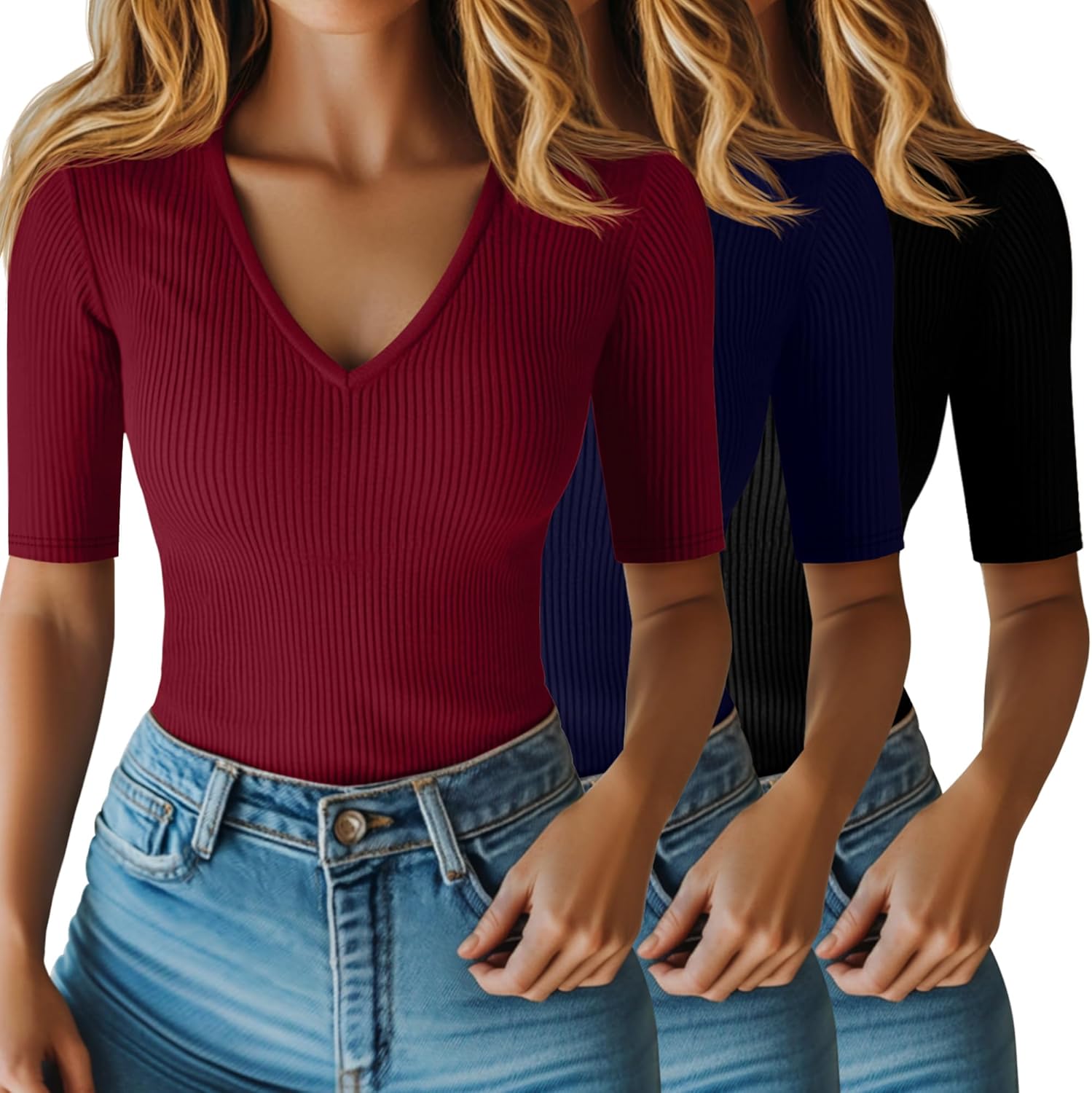 Riyiper 3 Pack Women's Half Sleeve Top Elbow Length Ribbed Cotton T Shirt Women V Neck Summer Tee Slim Fit Casual Blouses