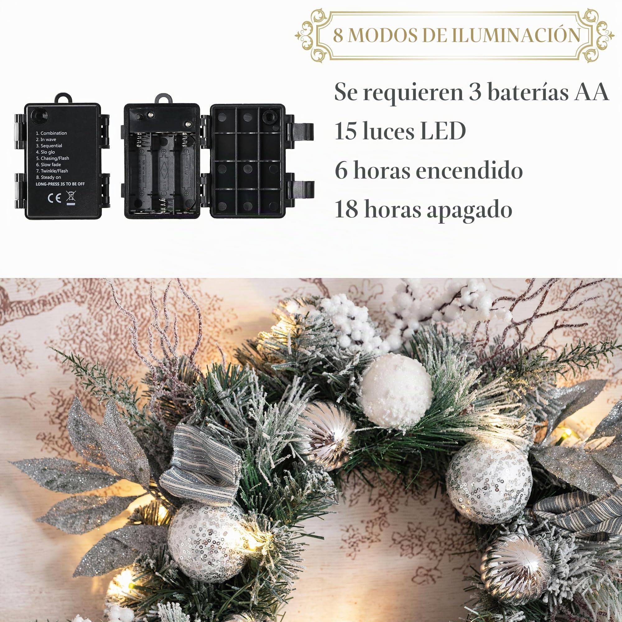 Valery Madelyn Corona de Navidad iluminada de para Puerta Delantera, Corona de Navidad preiluminada Blanca y Plateada, Arrecife de Navidad con 15 Luces LED y Cinta para decoración de Navidad al