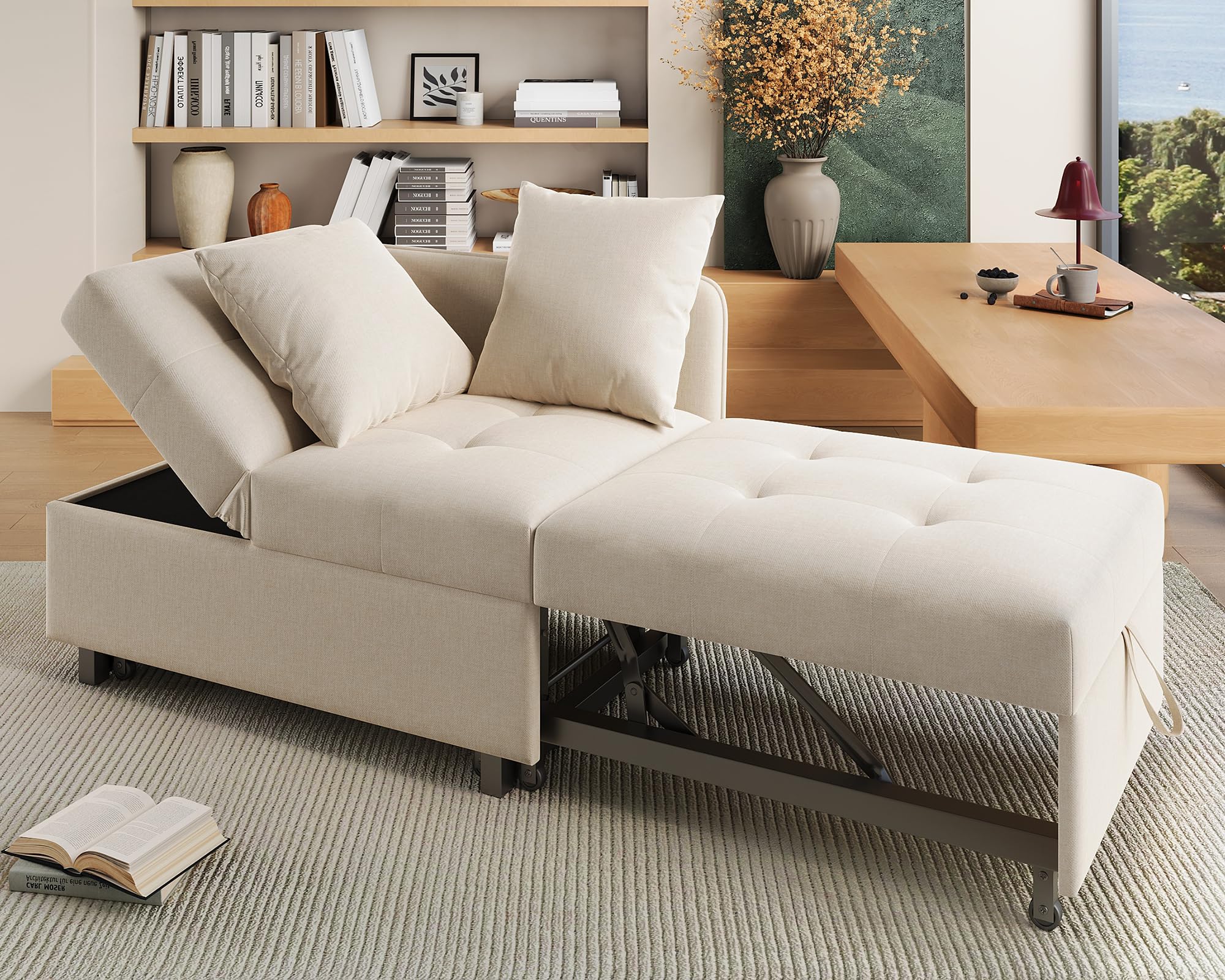 PaPaJet Sofa Bed Chair, 3-in-1 Sleeper Chair, Chair Bed with Adjustable Backrests and 2 Extra Pillows, Single Recliner for Living Room, Apartment, Small Space, Linen Beige