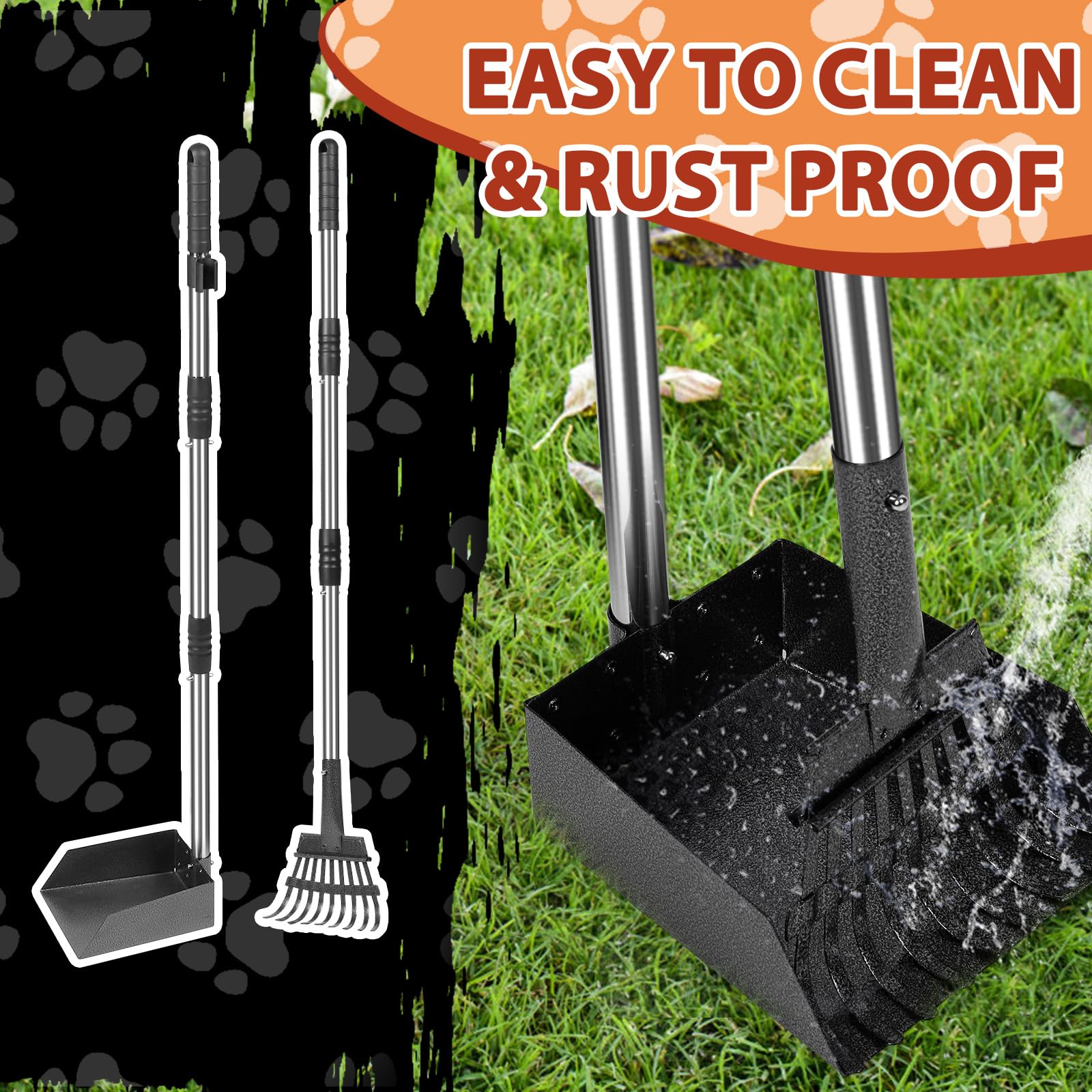 Ramasse crottes pour Chien avec Manche Long de 96 cm – râteau et bac en métal détachables – pour Chiens Grands, Moyens et Petits – Idéal pour Jardin, Herbe, Terre ou Gravier
