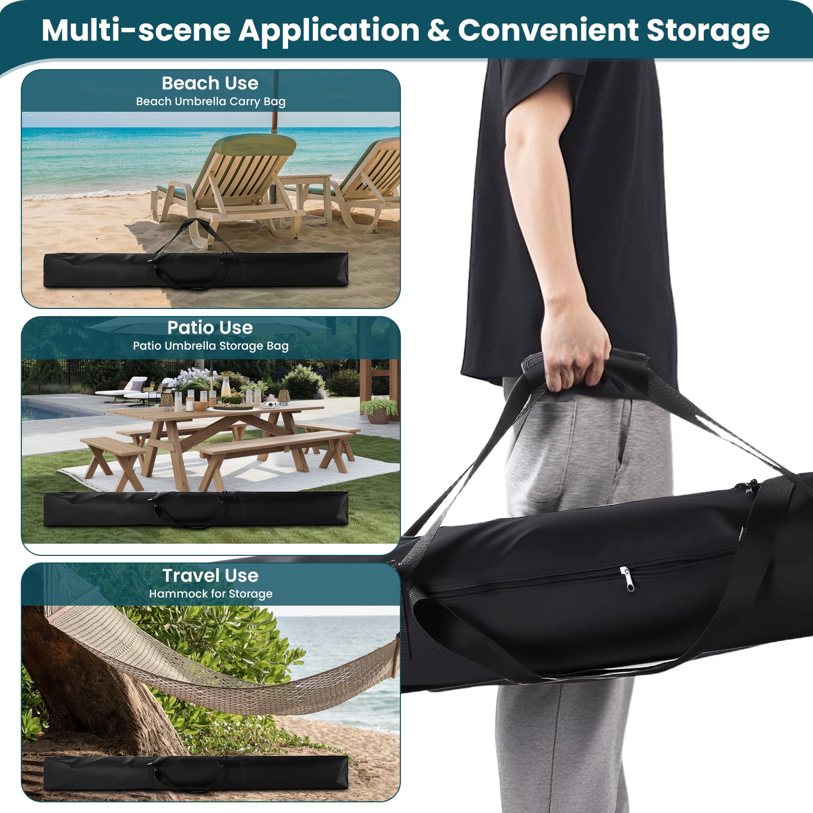 Borsa da trasporto per ombrellone da terrazzo, borsa portaoggetti per ombrellone da spiaggia 900D migliorata con tracolla imbottita e cerniera a doppia apertura impermeabile, borsa ombrello