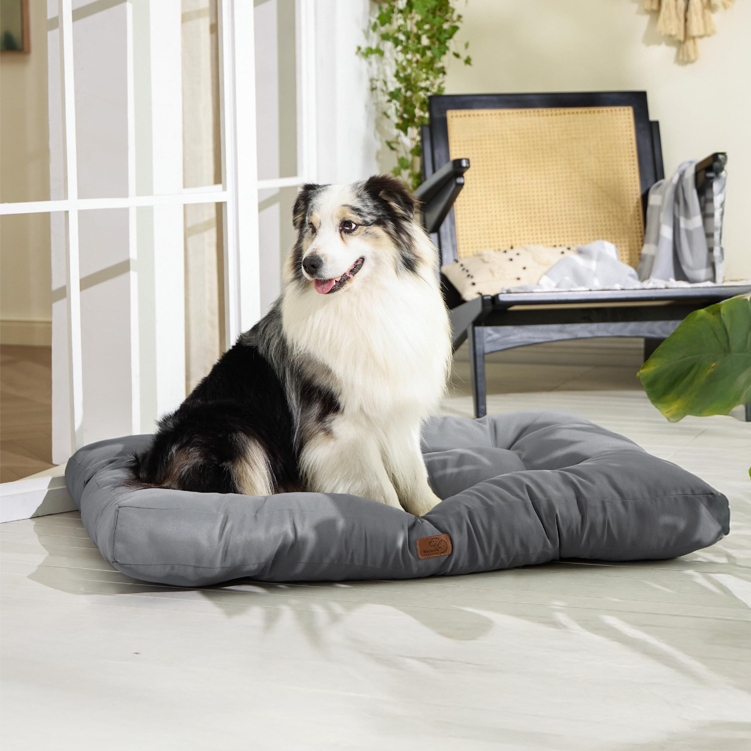 Bedsure Cama Perro Lavable Grande, 120x90x10 cm Gris | Tejido Oxford, cojín plano para jaula, colchón perro exterior grande XXL, plegable y fácil de transportar