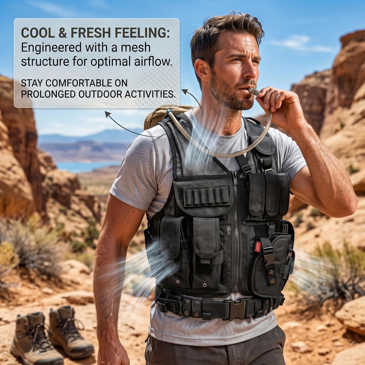 Vests, Outdoor Vest Breathable Mesh Travel Vest for Men with Webbing & Adjustable Straps & Multipocket for Outdoor Activity, Black