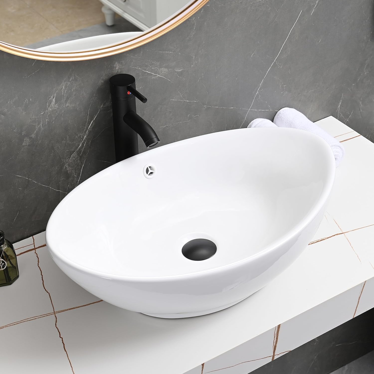 DELAVIN 24"x15" in Vessel Bathroom Sink, Oval White Ceramic Bathroom Sink, Above Countertop ...