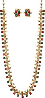 18K Gold Plated Traditional South Indian Stylish Multicolour Stone Work Long Necklace With Earrings For Women & Girls (MC041)