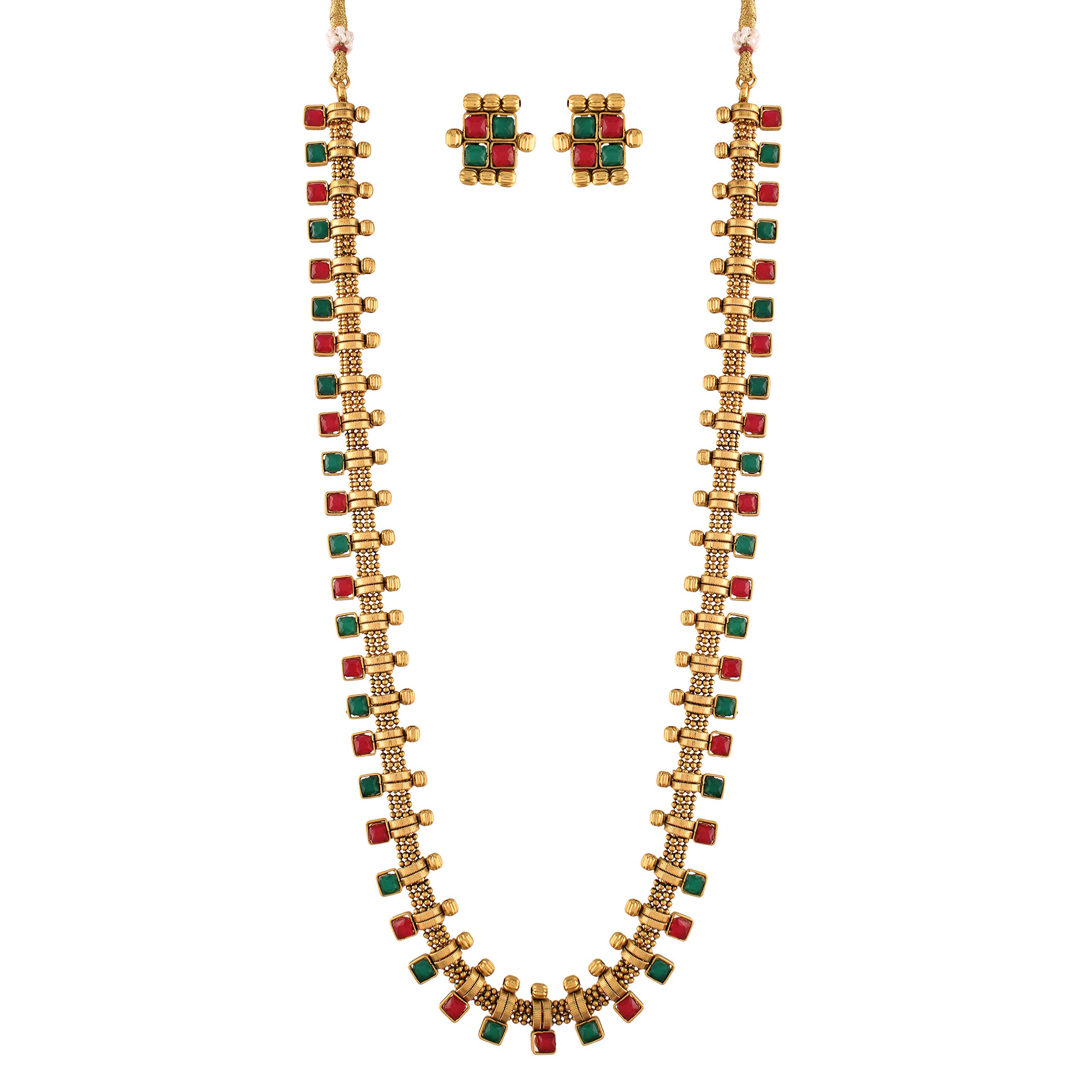 I Jewels18K Gold Plated Traditional South Indian Stylish Multicolour Stone Work Long Necklace With Earrings For Women & Girls (MC041)