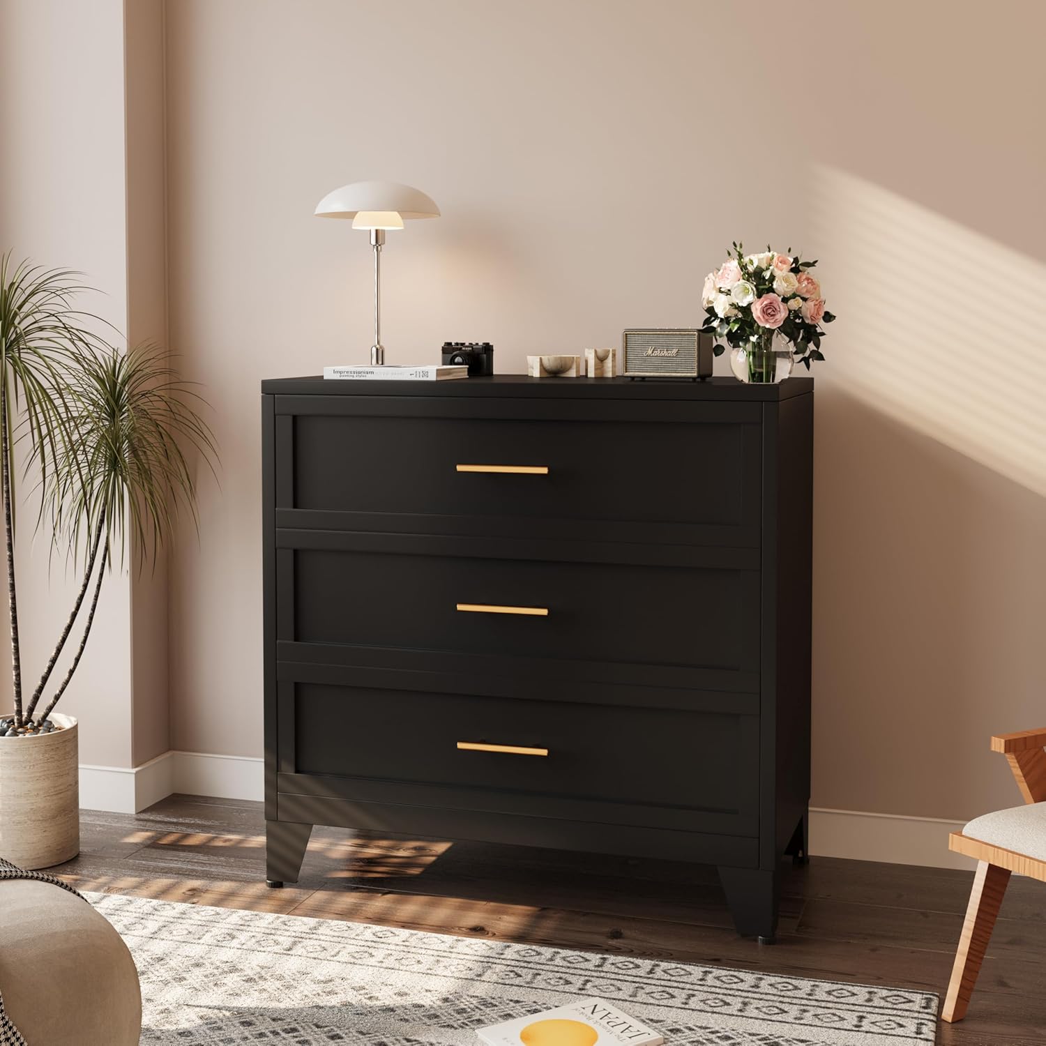 Metal Dresser for Bedroom Tall Black Dresser, Chest of Drawers for Bedroom with Large Storage Space for Living Room, Hallway, Entryway, Home Office (Black, 3 Drawers)